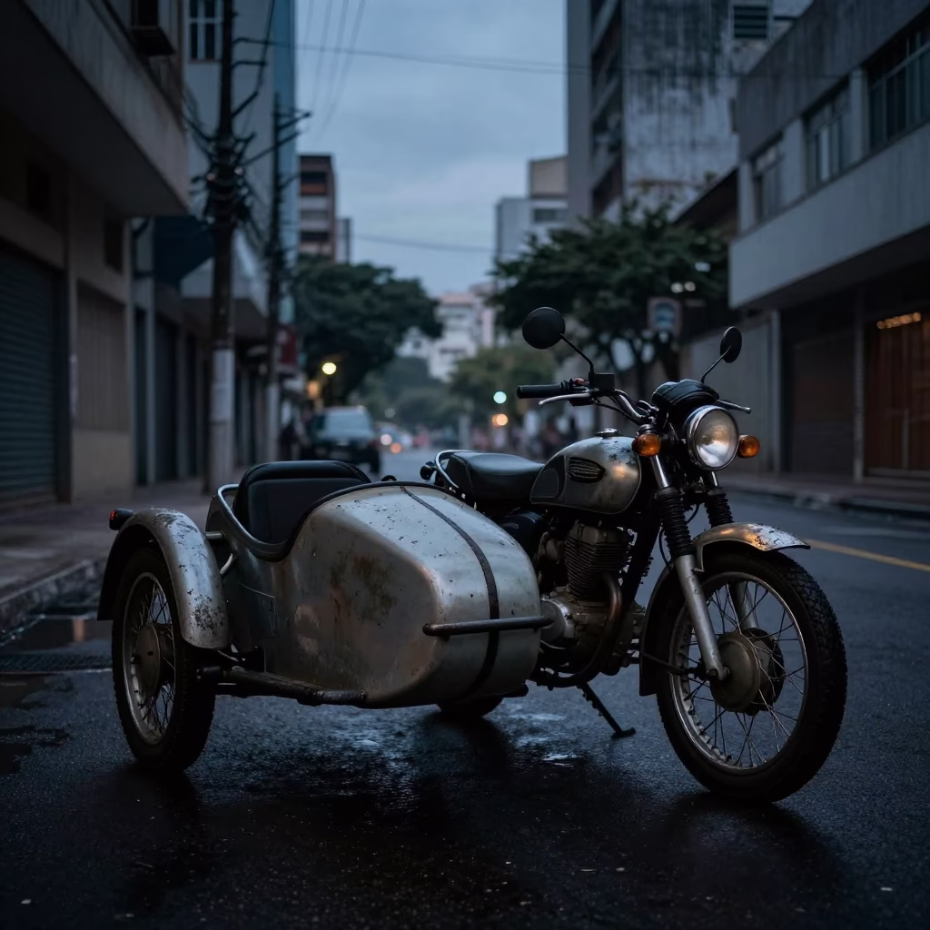 Vintage Motorcycle with Sidecar in Predawn São Paulo Street in in São Paulo, Brazil