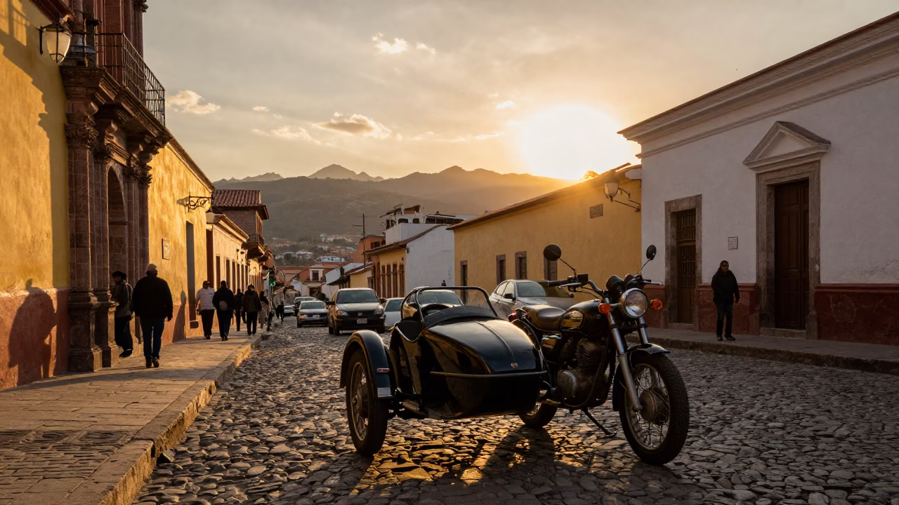 Vintage motorcycle with sidecar navigating busy La Paz streets at sunset in in La Paz, Bolivia