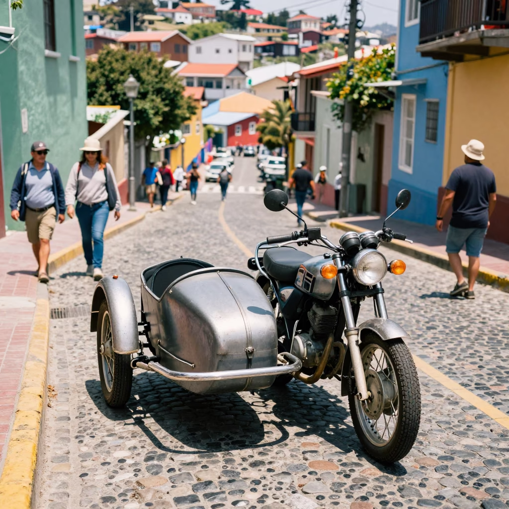 Vintage Motorcycle with Sidecar Navigating Colorful Cobblestone Streets of Valparaiso Chile in in Valparaiso, Chile
