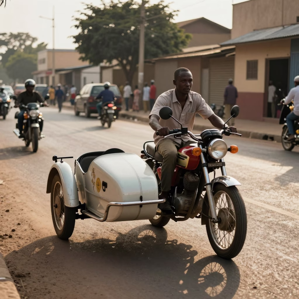 Vintage Motorcycle With Sidecar Navigating Dakar Streets During Early Evening Rush in in Dakar, Senegal