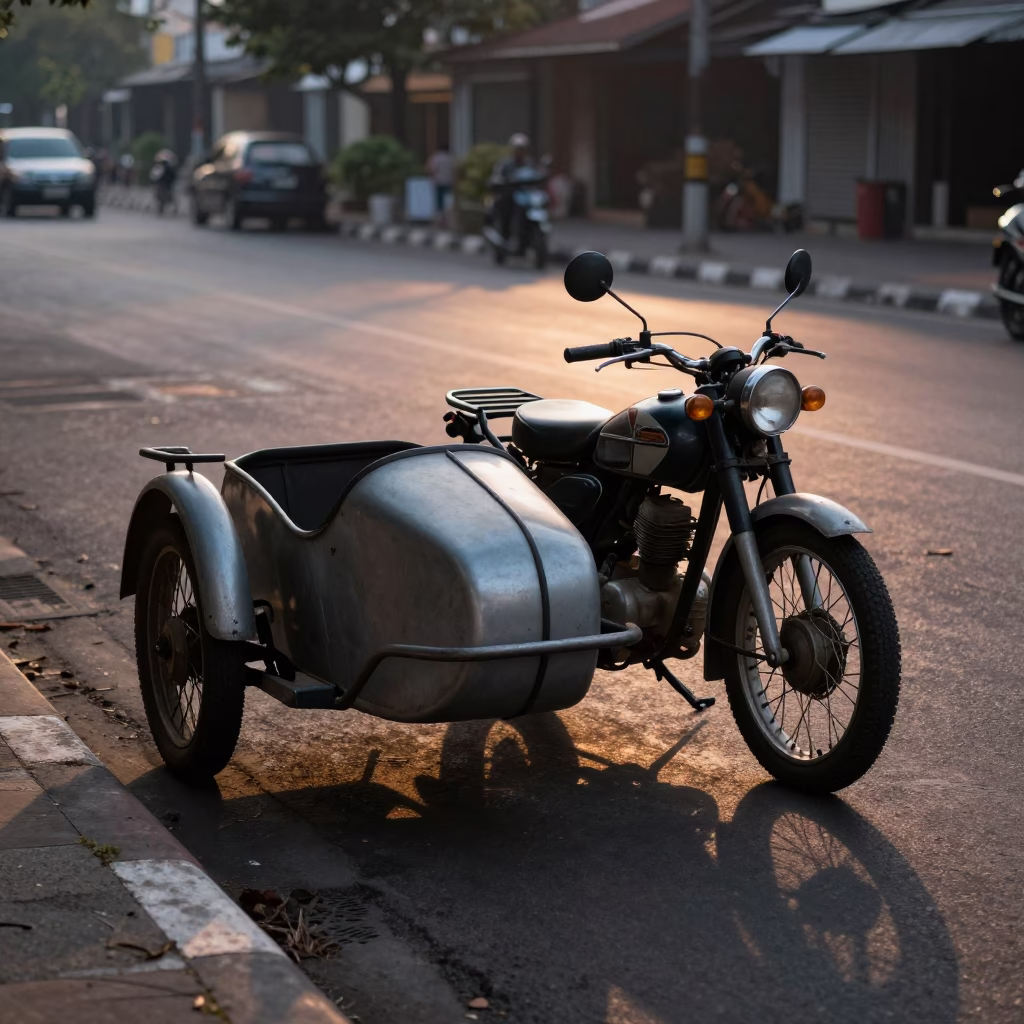 Vintage Motorcycle with Sidecar Navigating Pre-Dawn Streets of Surabaya Indonesia in in Surabaya, Indonesia