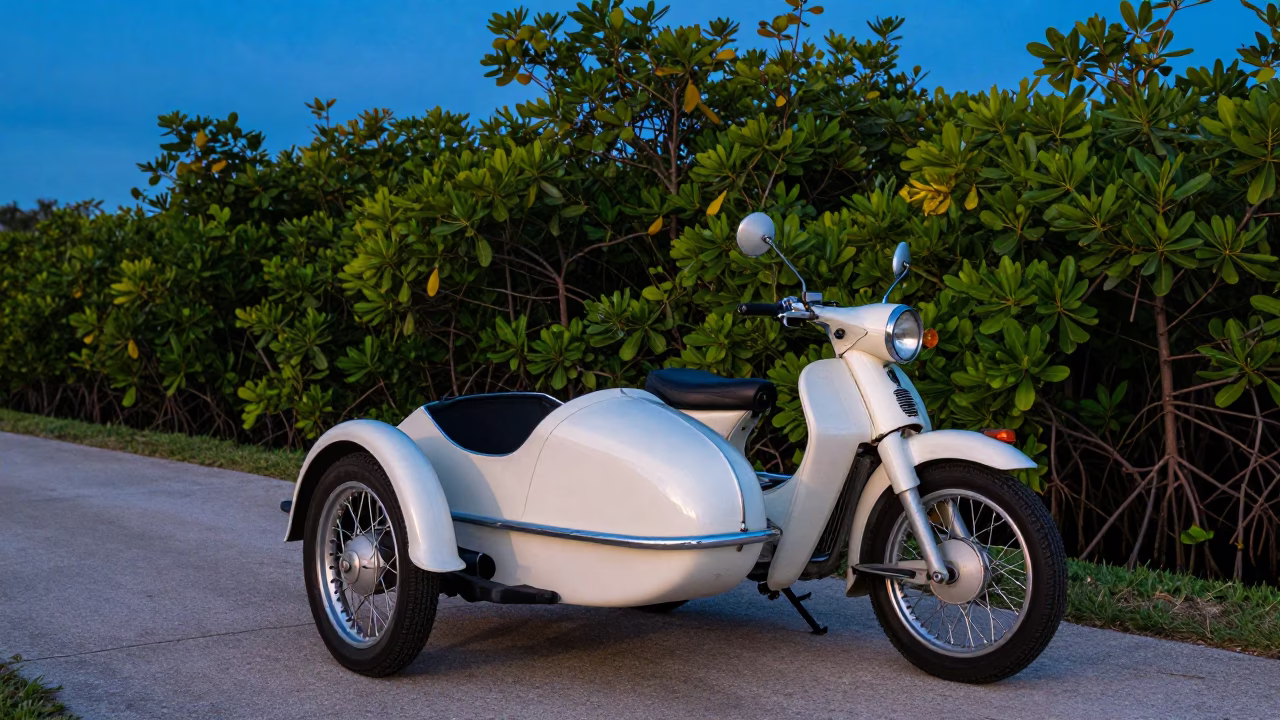 Vintage Motorcycle With Sidecar Parked Along Miami Florida Mangrove Channel At Twilight in in Miami, Florida, United States