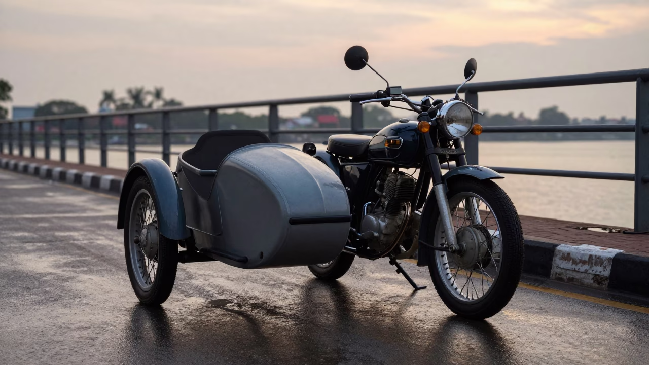 Vintage Motorcycle With Sidecar Parked Near Bridge Pier in Pre-Dawn Surabaya Indonesia in in Surabaya, Indonesia