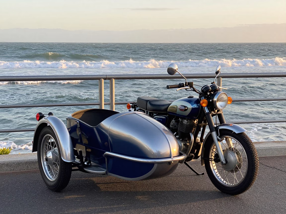 Vintage Motorcycle with Sidecar Parked Near Choppy Estuary Water in Early Evening Cape Town in in Cape Town, South Africa