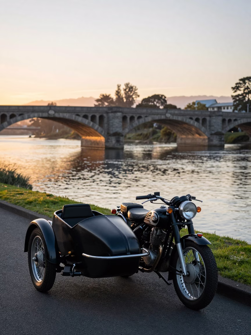 Vintage Motorcycle With Sidecar Parked Near Christchurch Riverbank At Sunrise in in Christchurch, New Zealand