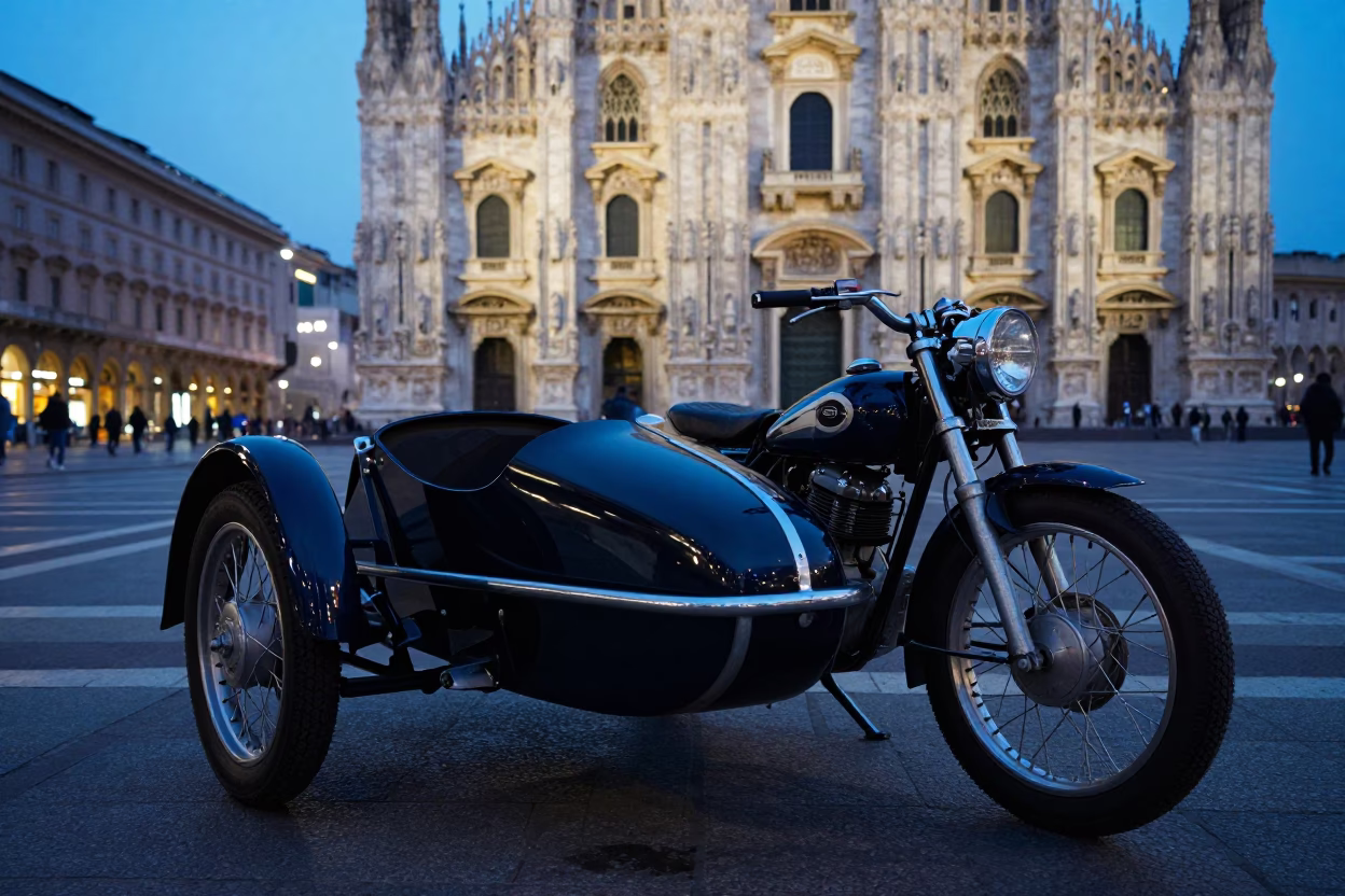 Vintage Motorcycle with Sidecar Parked Near Duomo in Milan Indigo Twilight in in Milan, Italy