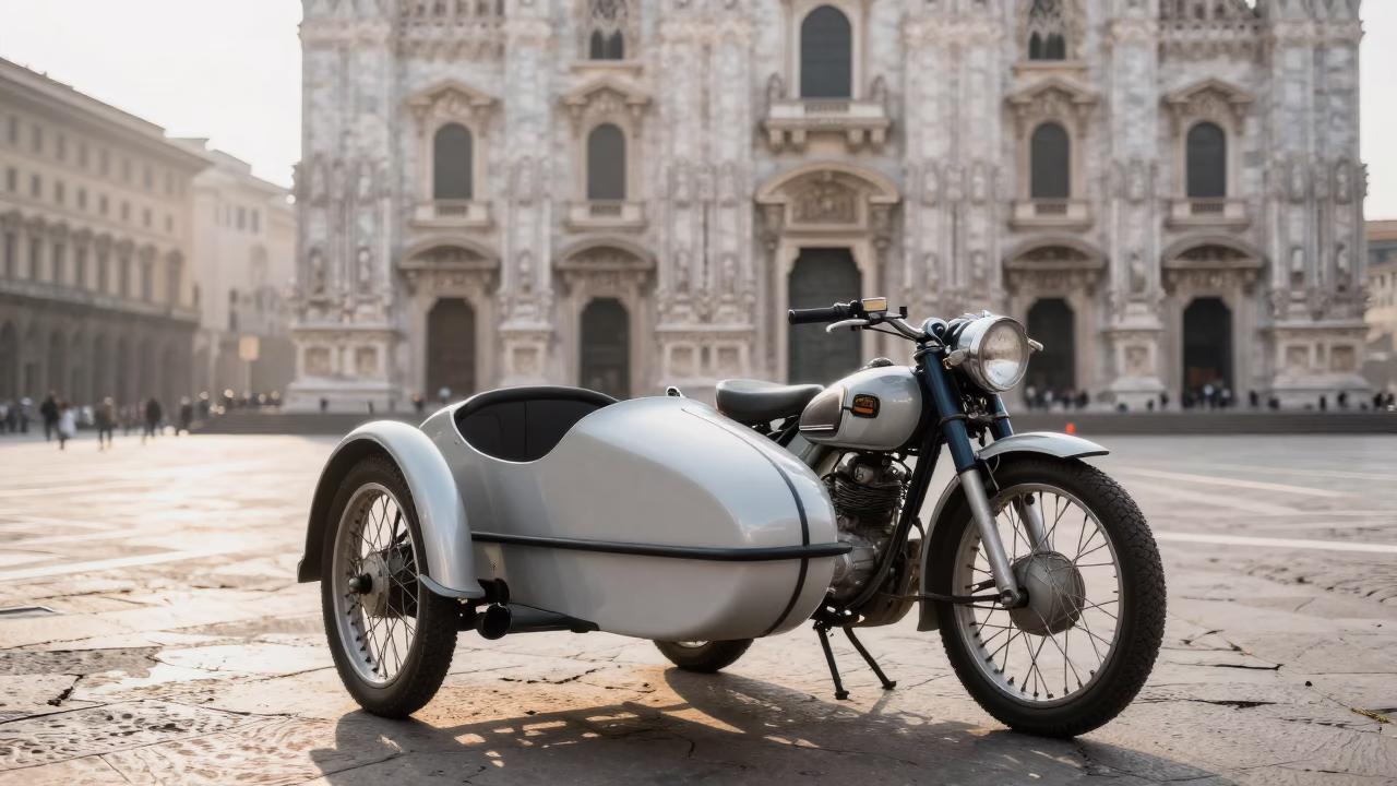 Vintage motorcycle with sidecar parked near Florence Duomo in early morning light in in Florence, Italy
