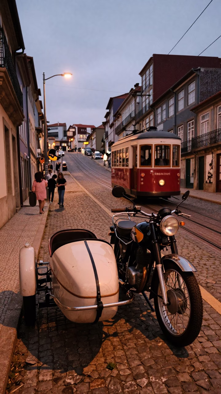 Vintage Motorcycle with Sidecar Parked Near Funicular in Porto Portugal Dusk in in Porto, Portugal