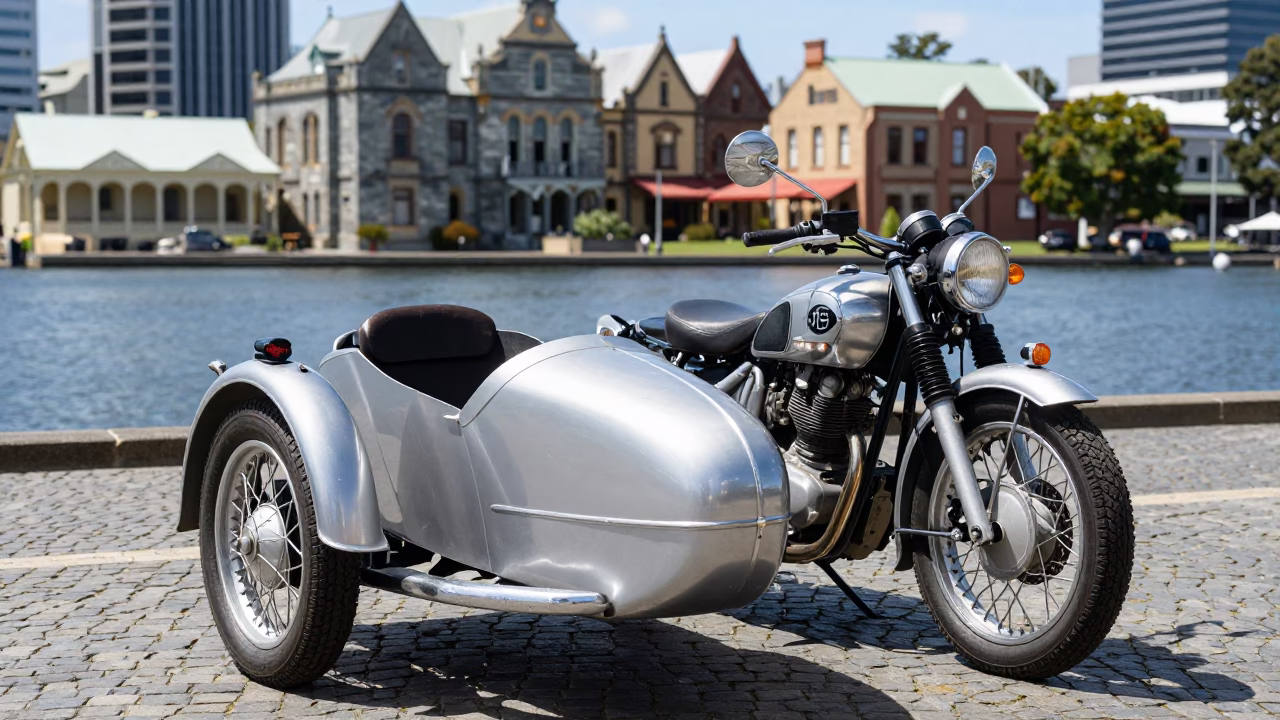 Vintage Motorcycle With Sidecar Parked Near Hobart Waterfront Midday Sunlight in in Hobart, Tasmania, Australia
