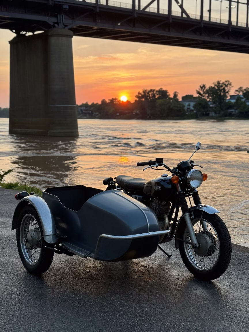 Vintage Motorcycle with Sidecar Parked Near Muddy Cumberland River at Sunset in Nashville Tennessee in in Nashville, Tennessee, United States