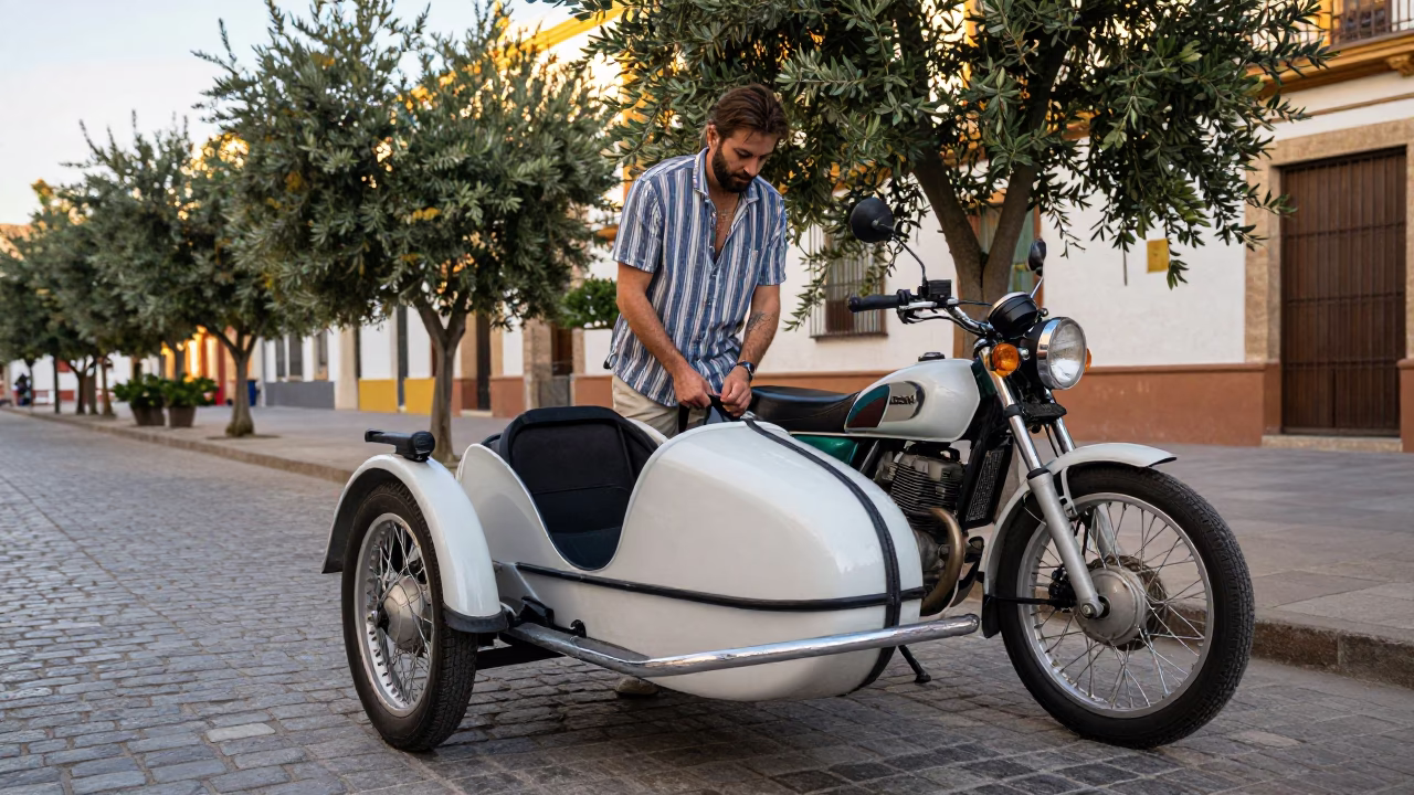 Vintage Motorcycle with Sidecar Parked Near Olive Trees in Valencia Early Evening in in Valencia, Spain