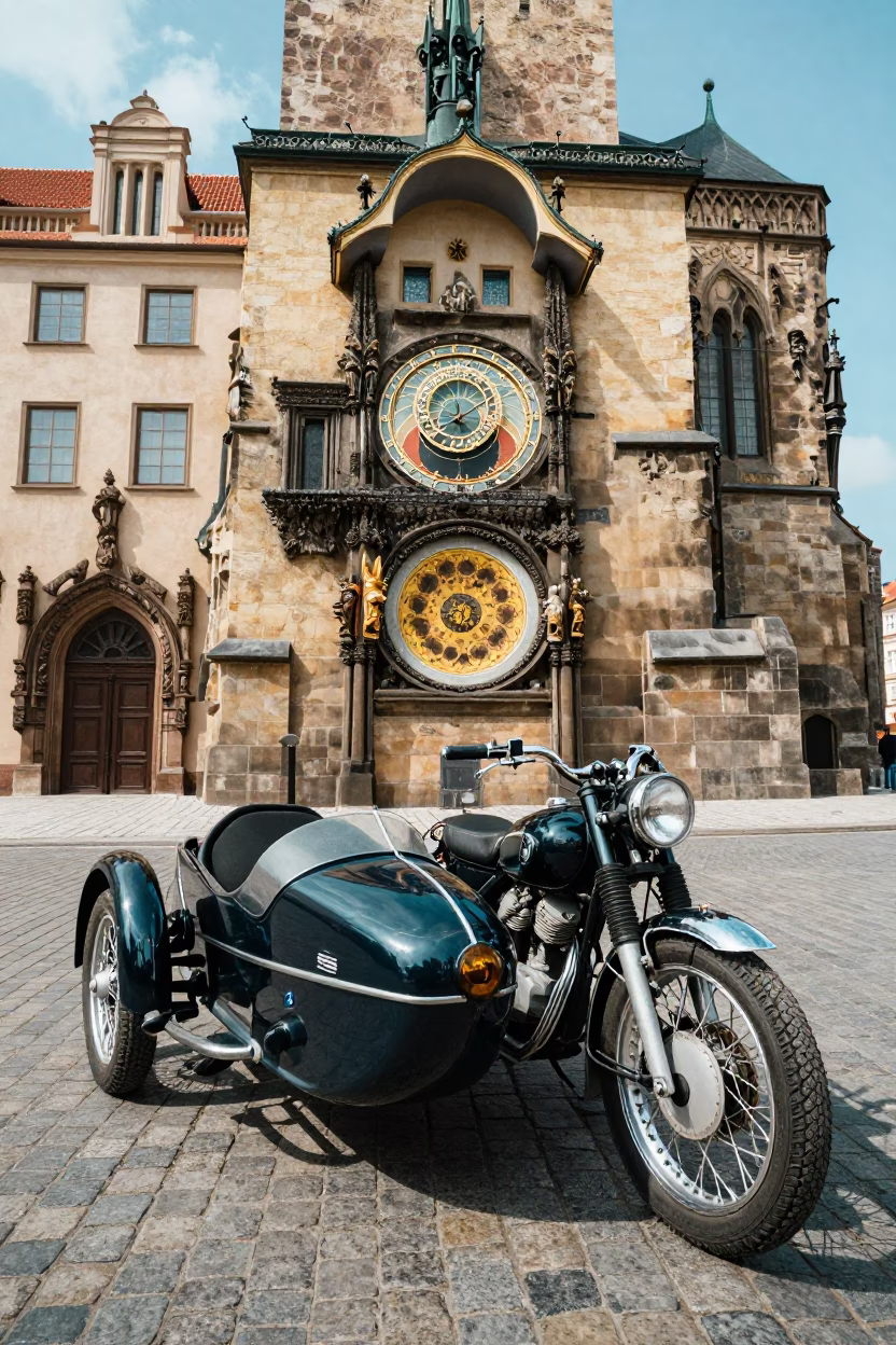 Vintage Motorcycle with Sidecar Parked Near Prague Astronomical Clock Under Noon Sun in in Prague, Czech Republic