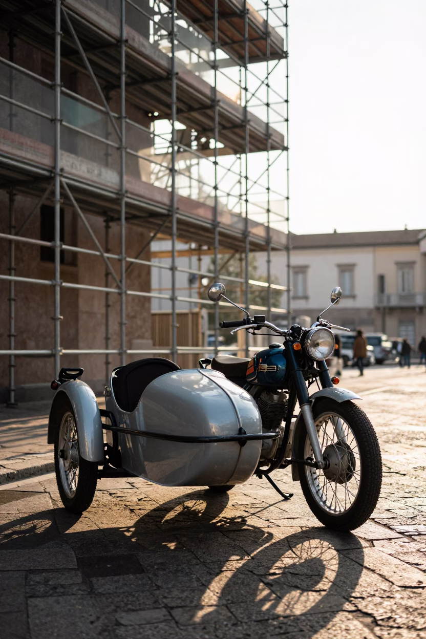 Vintage motorcycle with sidecar parked near scaffolding in Milan at sunset in in Milan, Italy