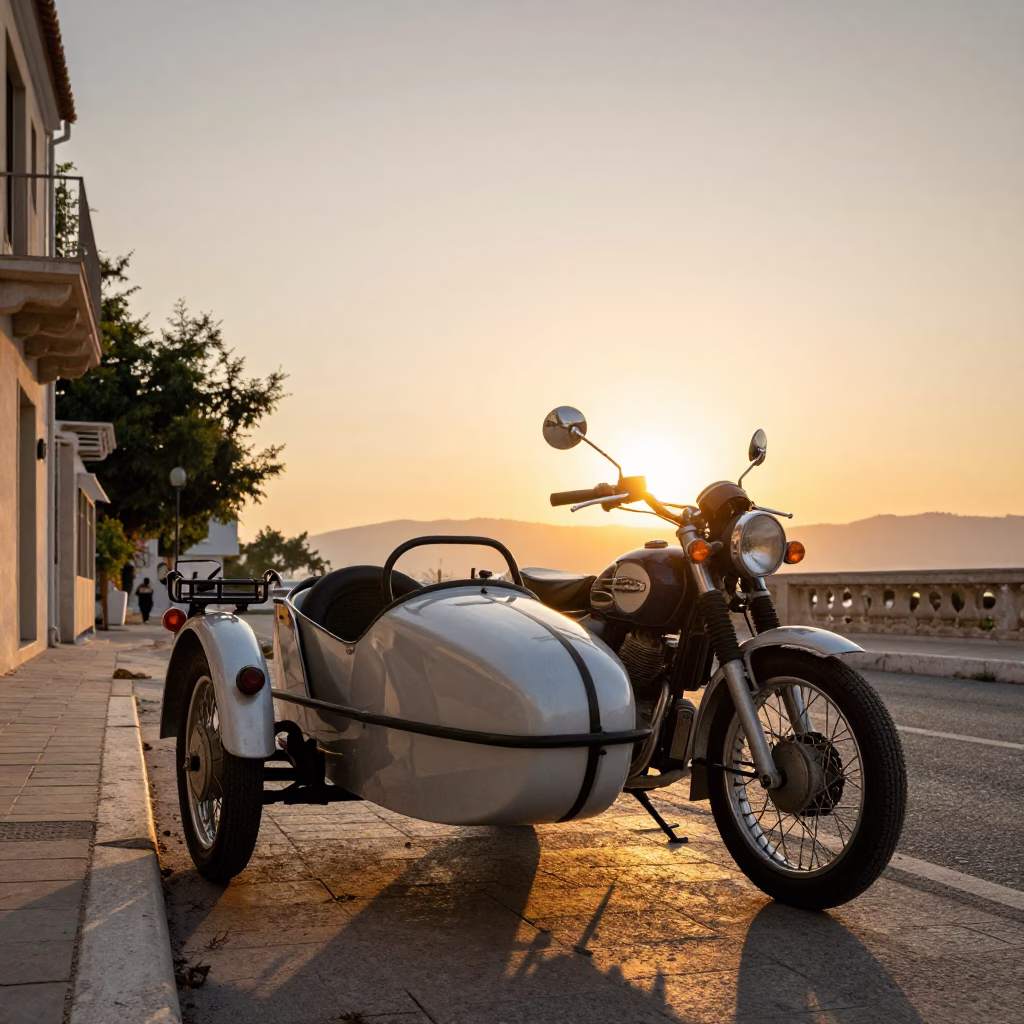 Vintage Motorcycle with Sidecar Parked on Athens Street at Sunset in in Athens, Greece
