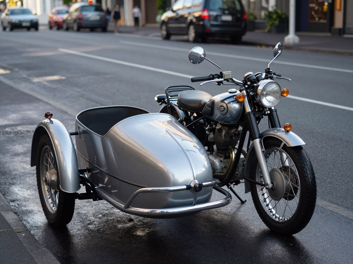 Vintage Motorcycle with Sidecar Parked on Auckland Street in Early Morning Light in in Auckland, New Zealand