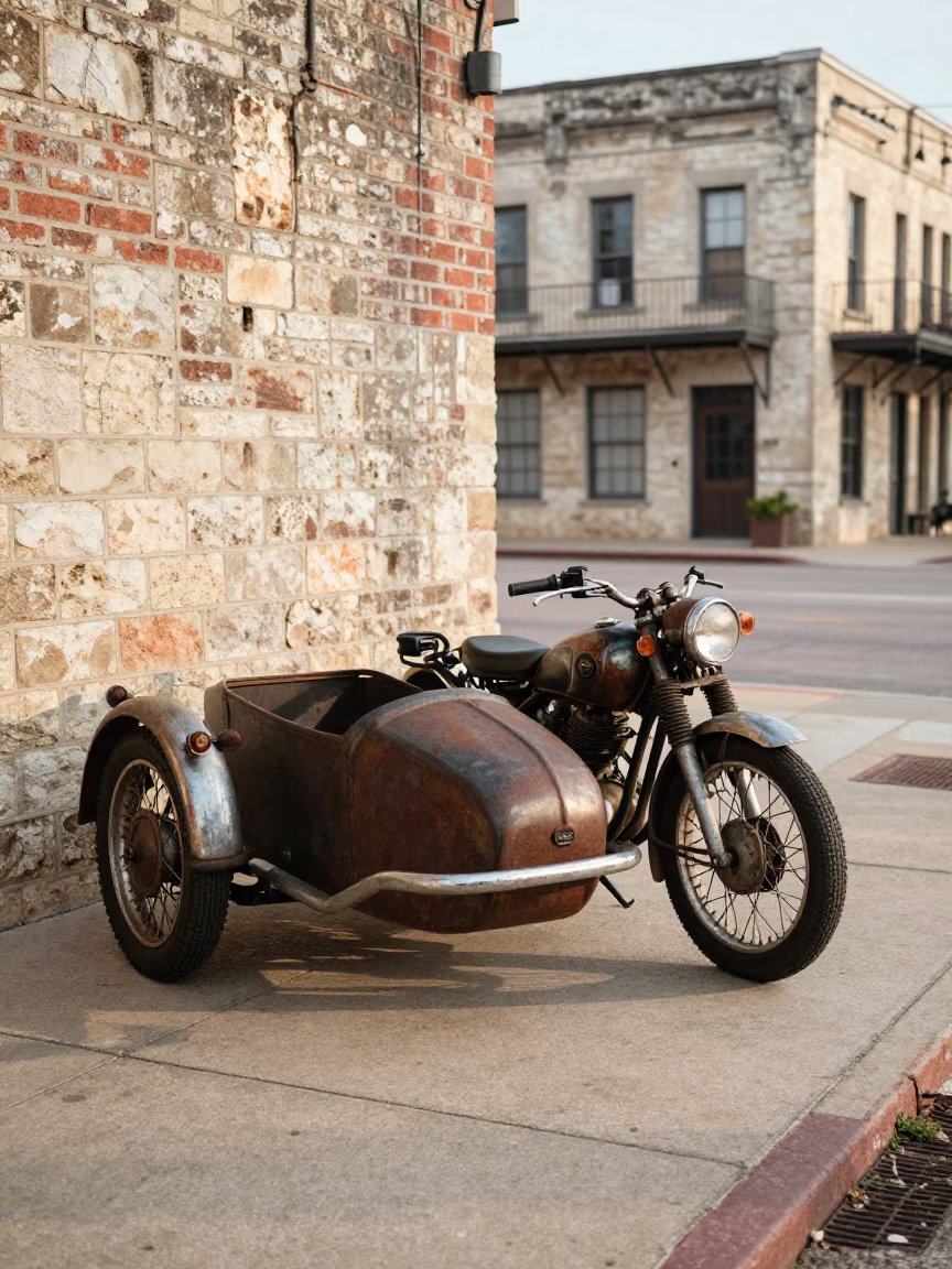 Vintage Motorcycle with Sidecar Parked on Austin Texas Sidewalk in Late Morning Sunlight in in Austin, Texas, United States