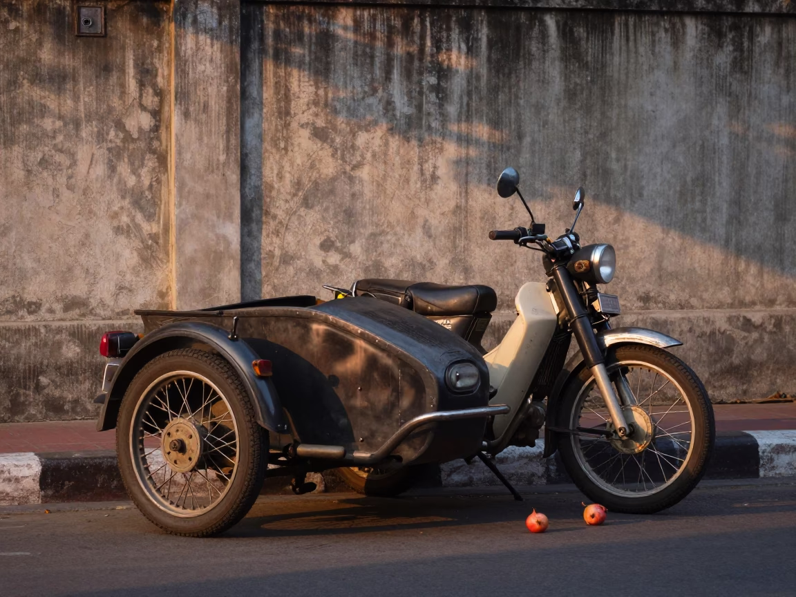 Vintage Motorcycle With Sidecar Parked On Bangkok Street Before Dawn in in Bangkok, Thailand