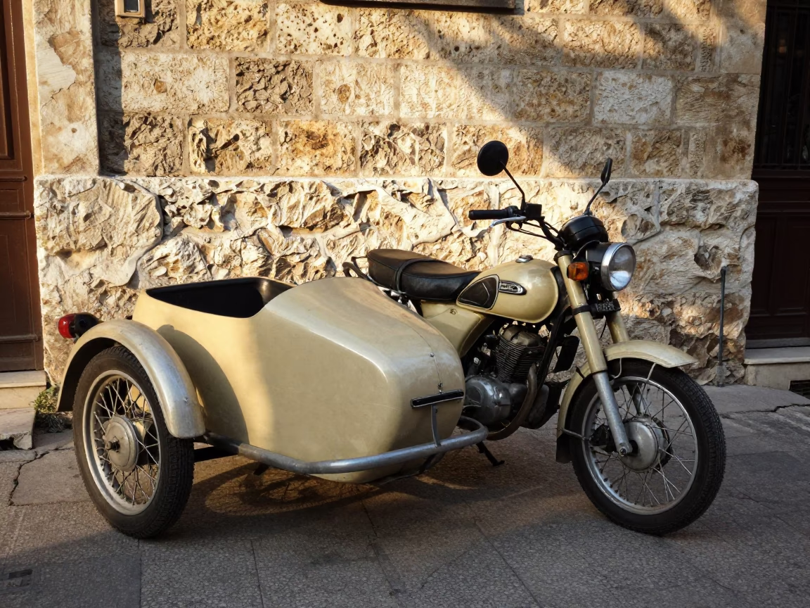 Vintage Motorcycle With Sidecar Parked On Beirut Street At First Light in in Beirut, Lebanon