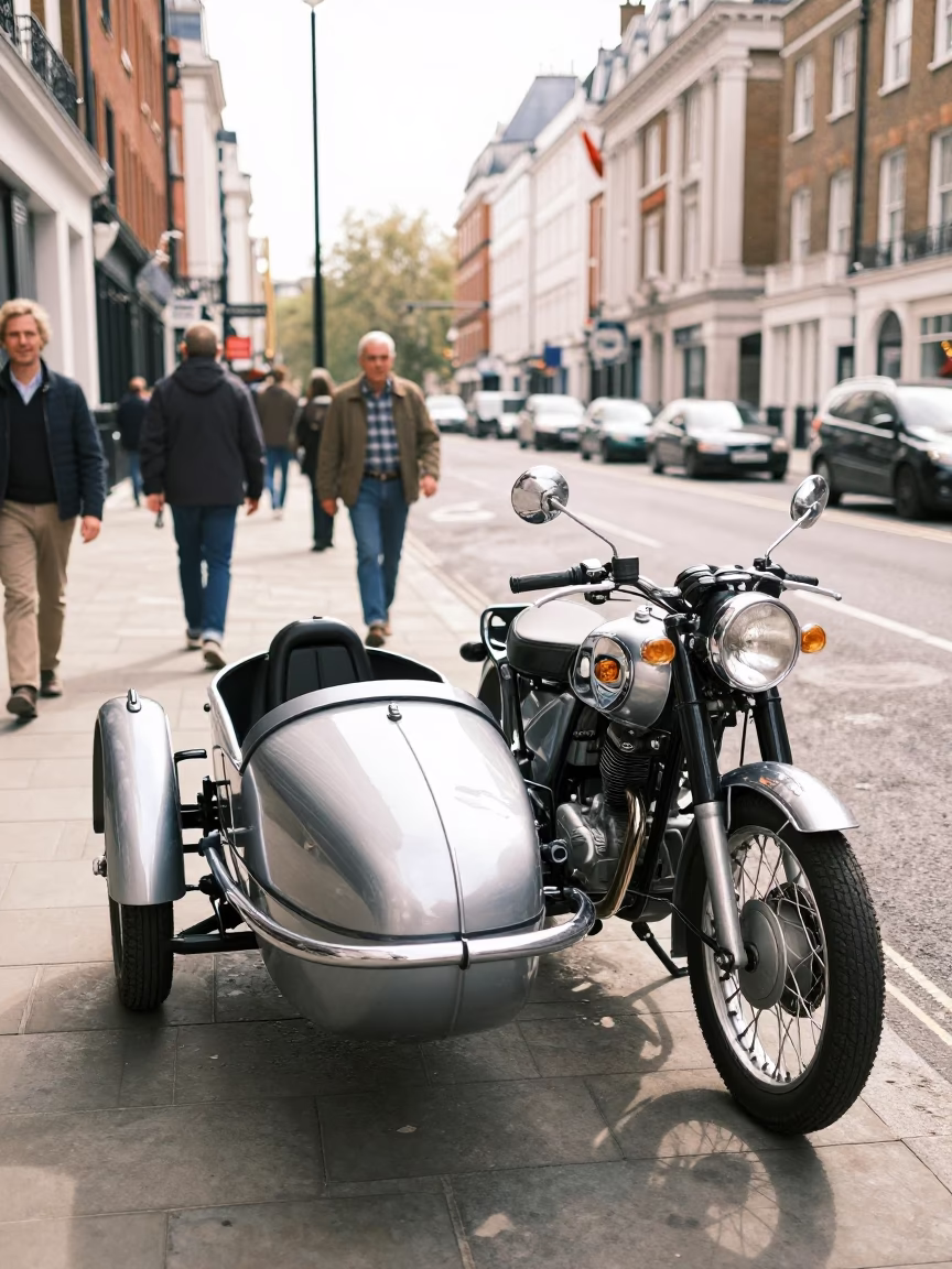 Vintage Motorcycle with Sidecar Parked on Busy London Street Under Noon Sun in in London, United Kingdom
