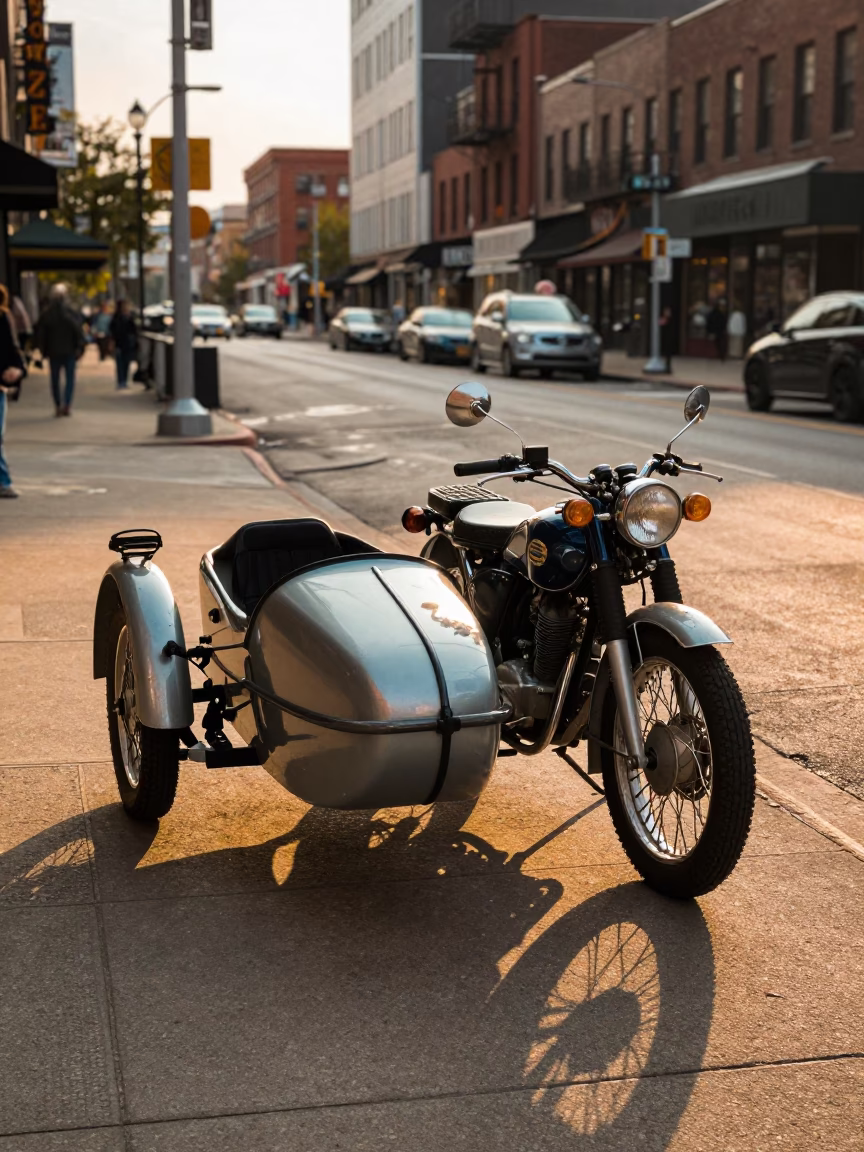 Vintage Motorcycle with Sidecar Parked on Chicago Street at Golden Hour in in Chicago, Illinois, United States