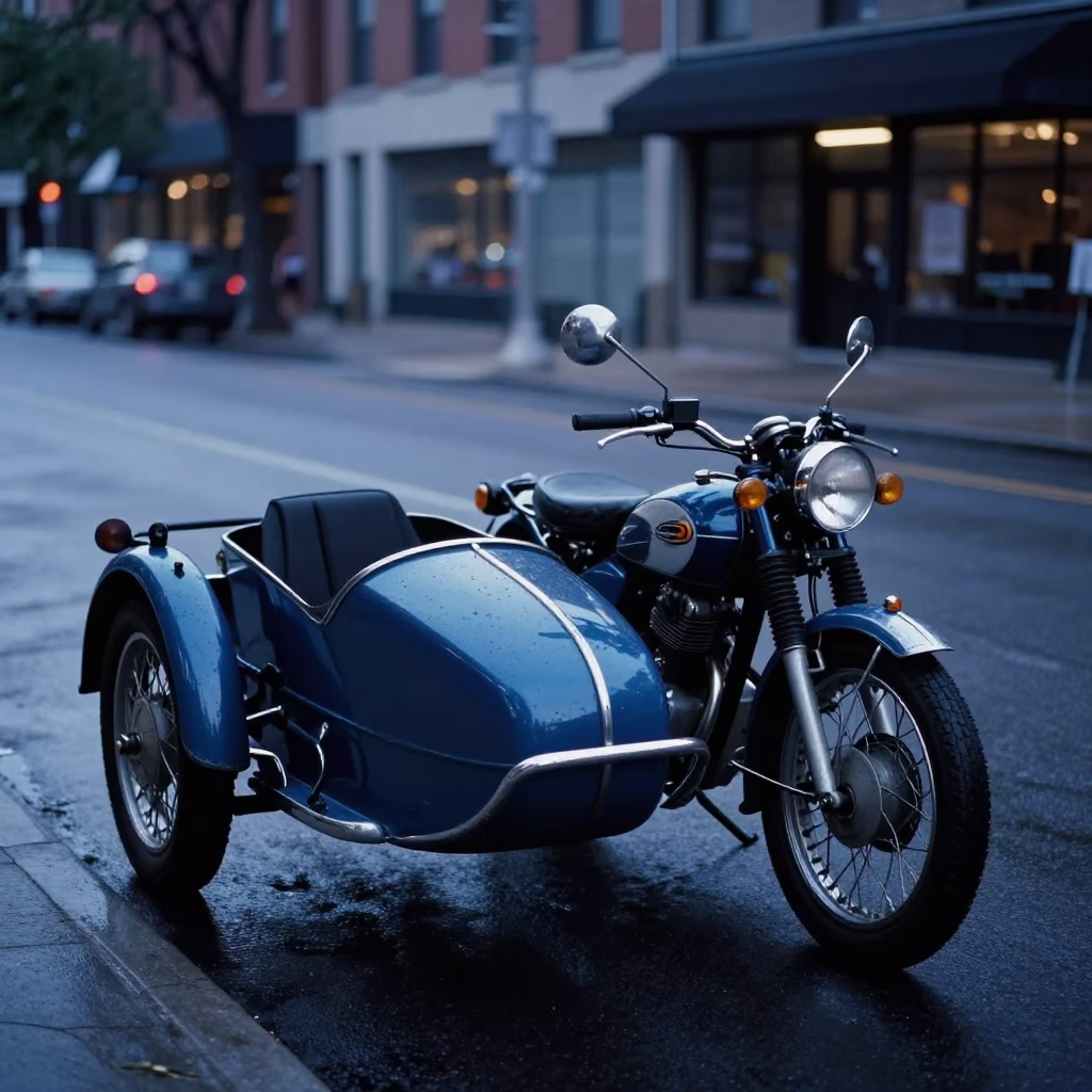 Vintage Motorcycle With Sidecar Parked On Chicago Street Before Sunrise in in Chicago, Illinois, United States