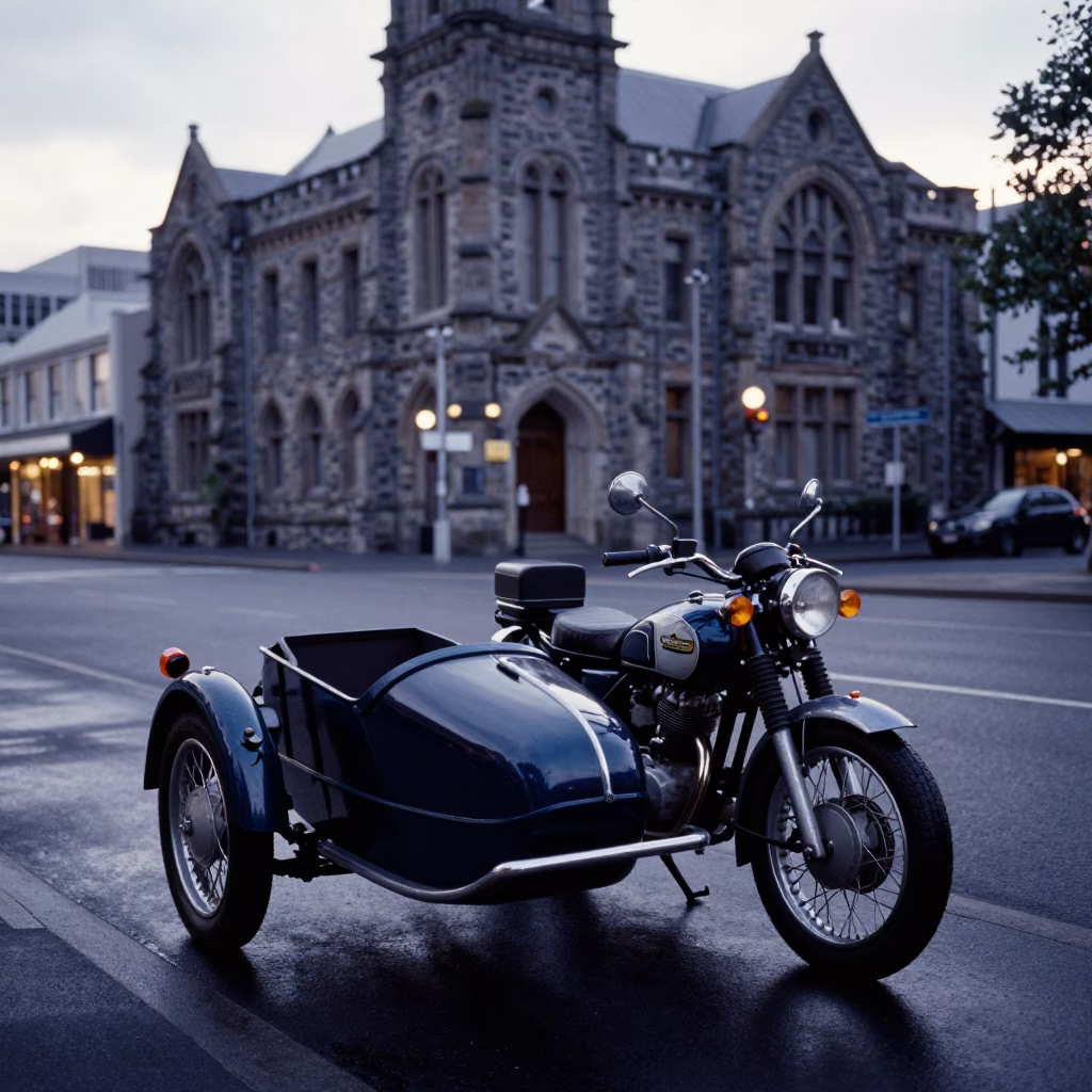 Vintage Motorcycle With Sidecar Parked On Christchurch Street Before Dawn in in Christchurch, New Zealand