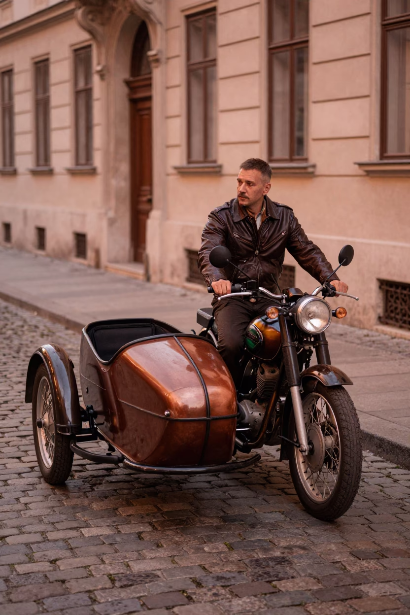 Vintage Motorcycle With Sidecar Parked On Cobblestone Street In Budapest Before Dusk in in Budapest, Hungary
