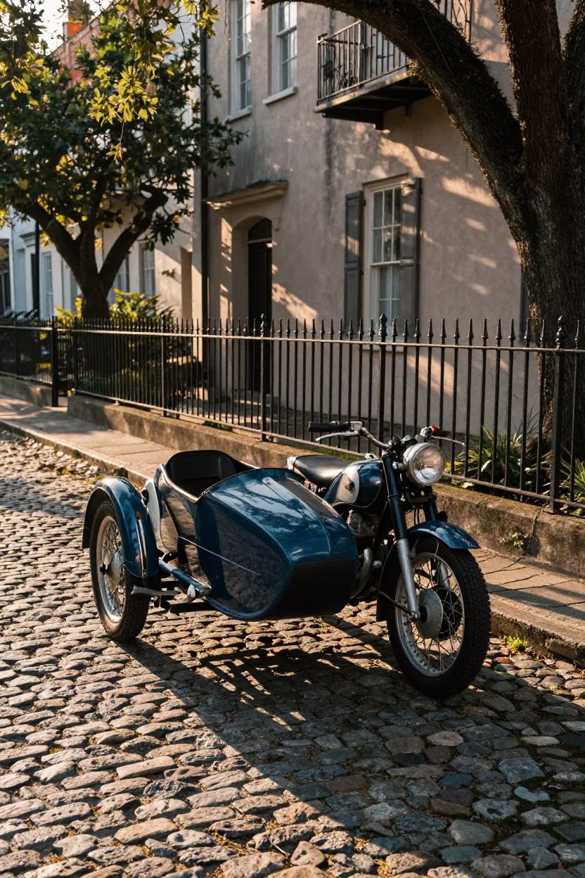 Vintage Motorcycle with Sidecar Parked on Cobblestone Street in Charleston South Carolina Late Afternoon in in Charleston, South Carolina, United States