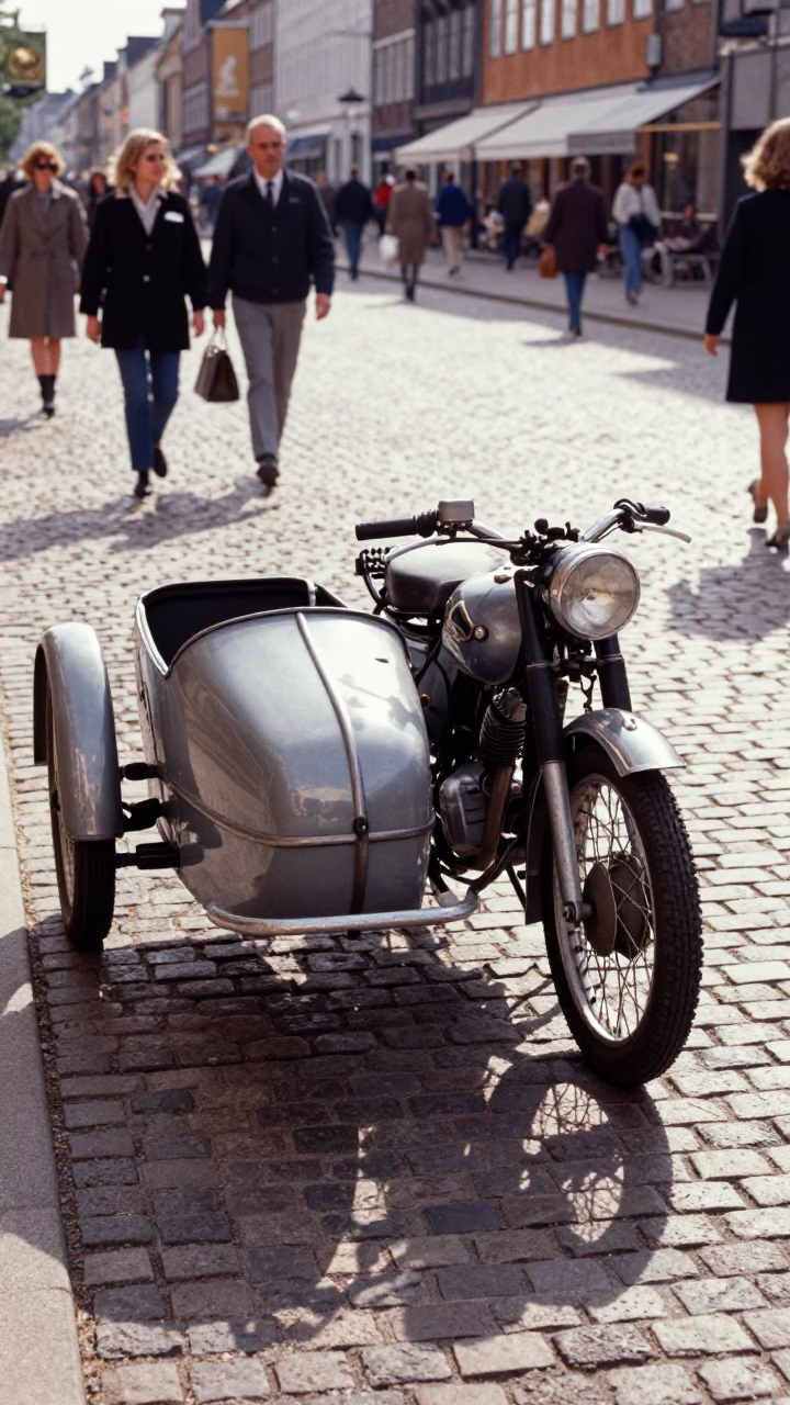 Vintage Motorcycle With Sidecar Parked On Cobblestone Street In Copenhagen Denmark Late Afternoon in in Copenhagen, Denmark