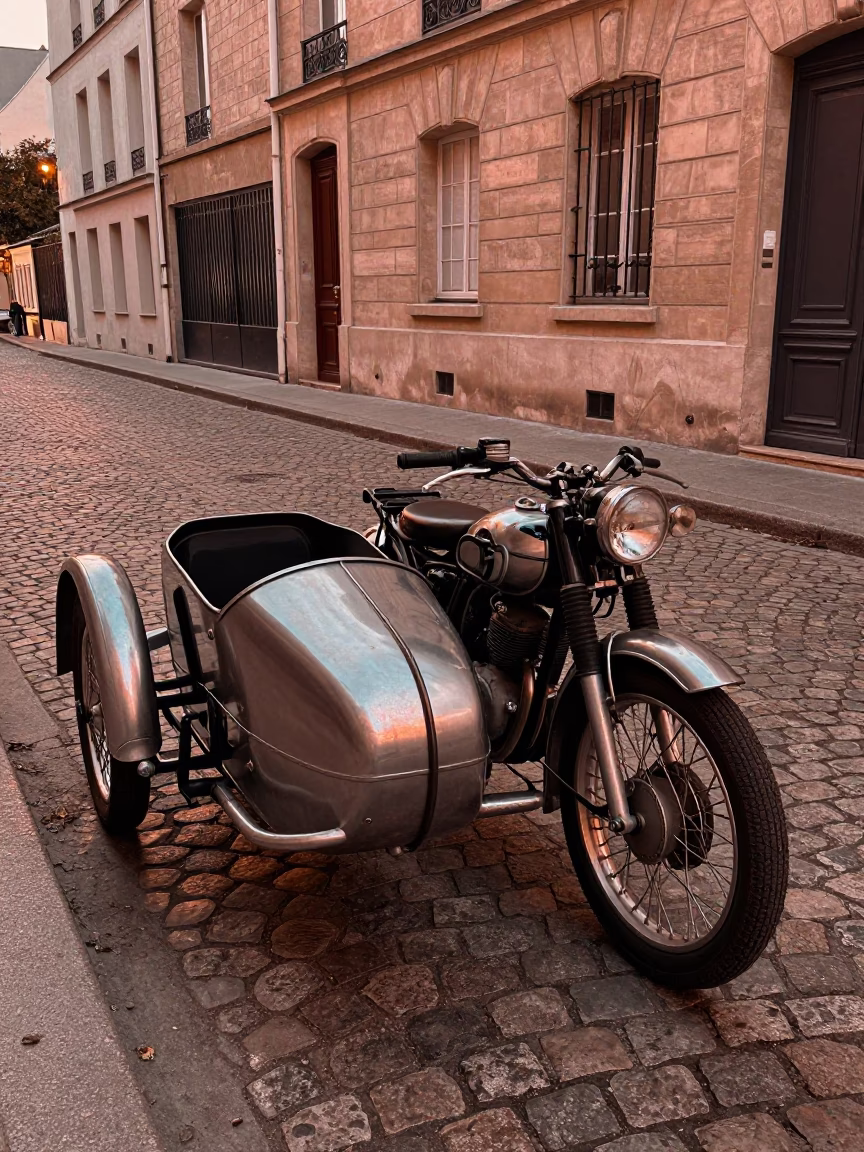 Vintage Motorcycle With Sidecar Parked On Cobblestone Street In Copper-Toned Paris Dusk Light in in Paris, France
