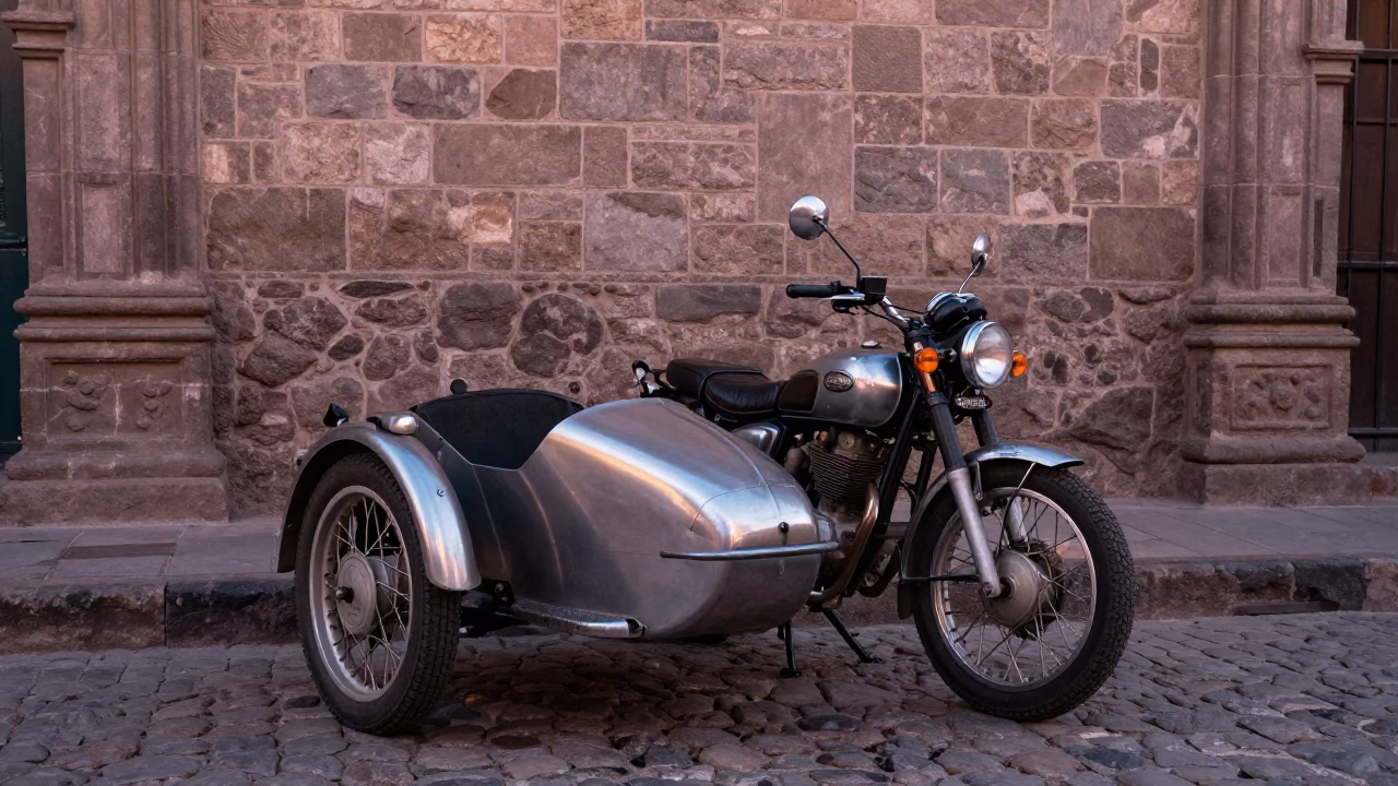 Vintage Motorcycle With Sidecar Parked On Cobblestone Street In Cusco Peru At Nautical Dawn in in Cusco, Peru