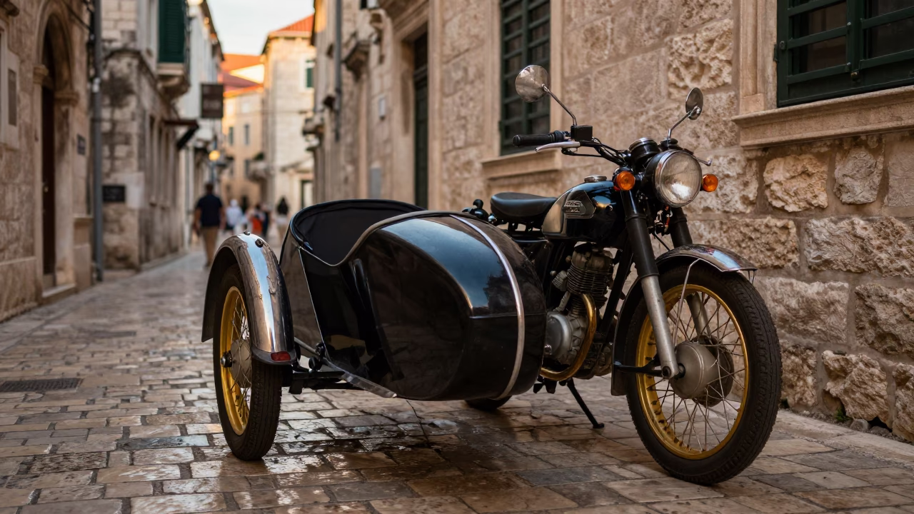Vintage Motorcycle with Sidecar Parked on Cobblestone Street in Dubrovnik at Sunset in in Dubrovnik, Croatia