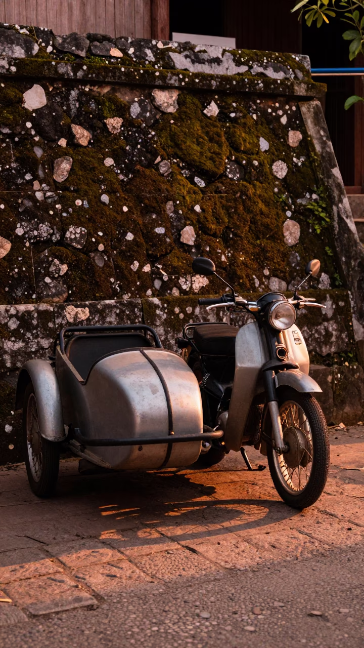 Vintage Motorcycle With Sidecar Parked On Cobblestone Street In Luang Prabang Laos Before Dusk in in Luang Prabang, Laos