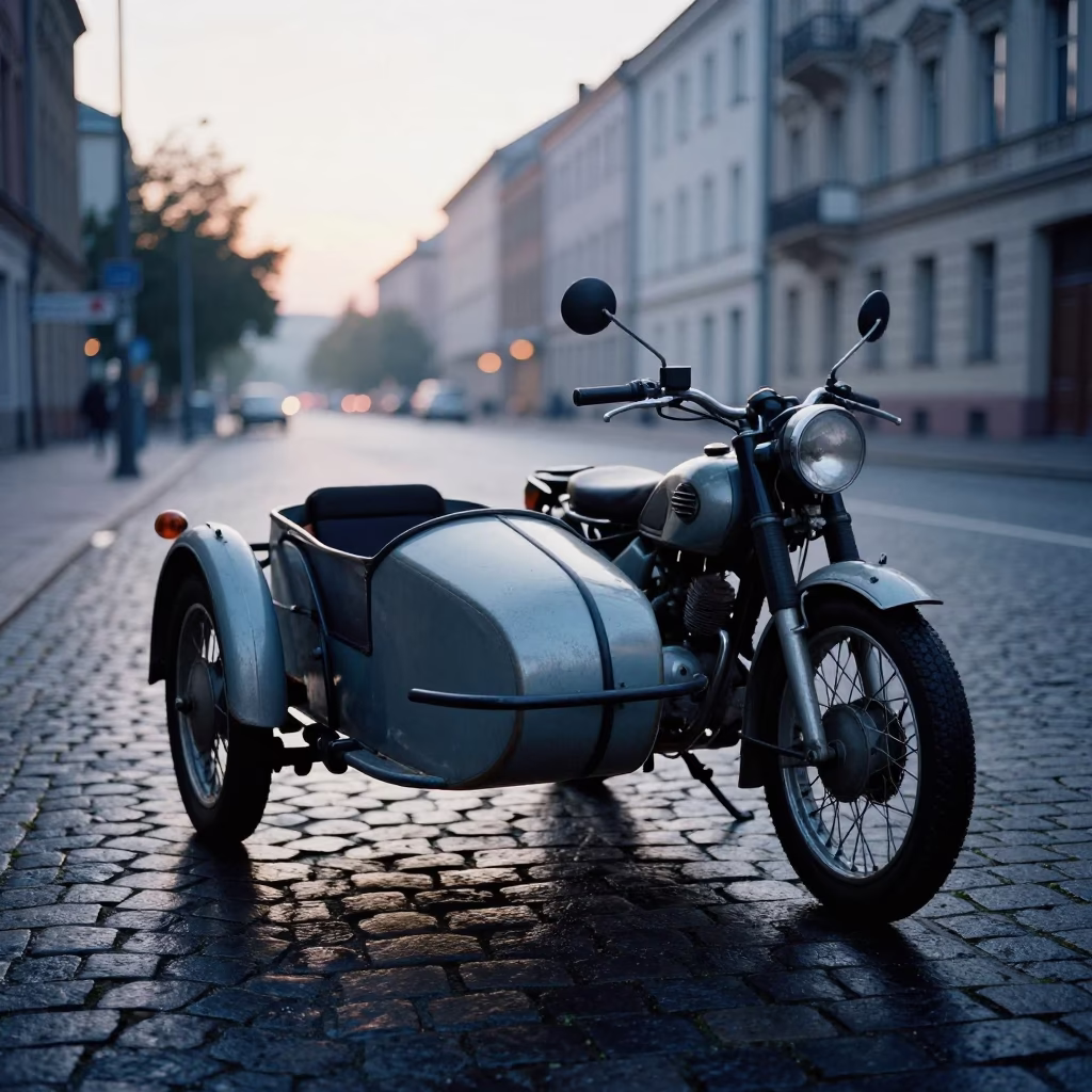 Vintage Motorcycle With Sidecar Parked On Cobblestone Street In Pre-Dawn Berlin Before Sunrise in in Berlin, Germany