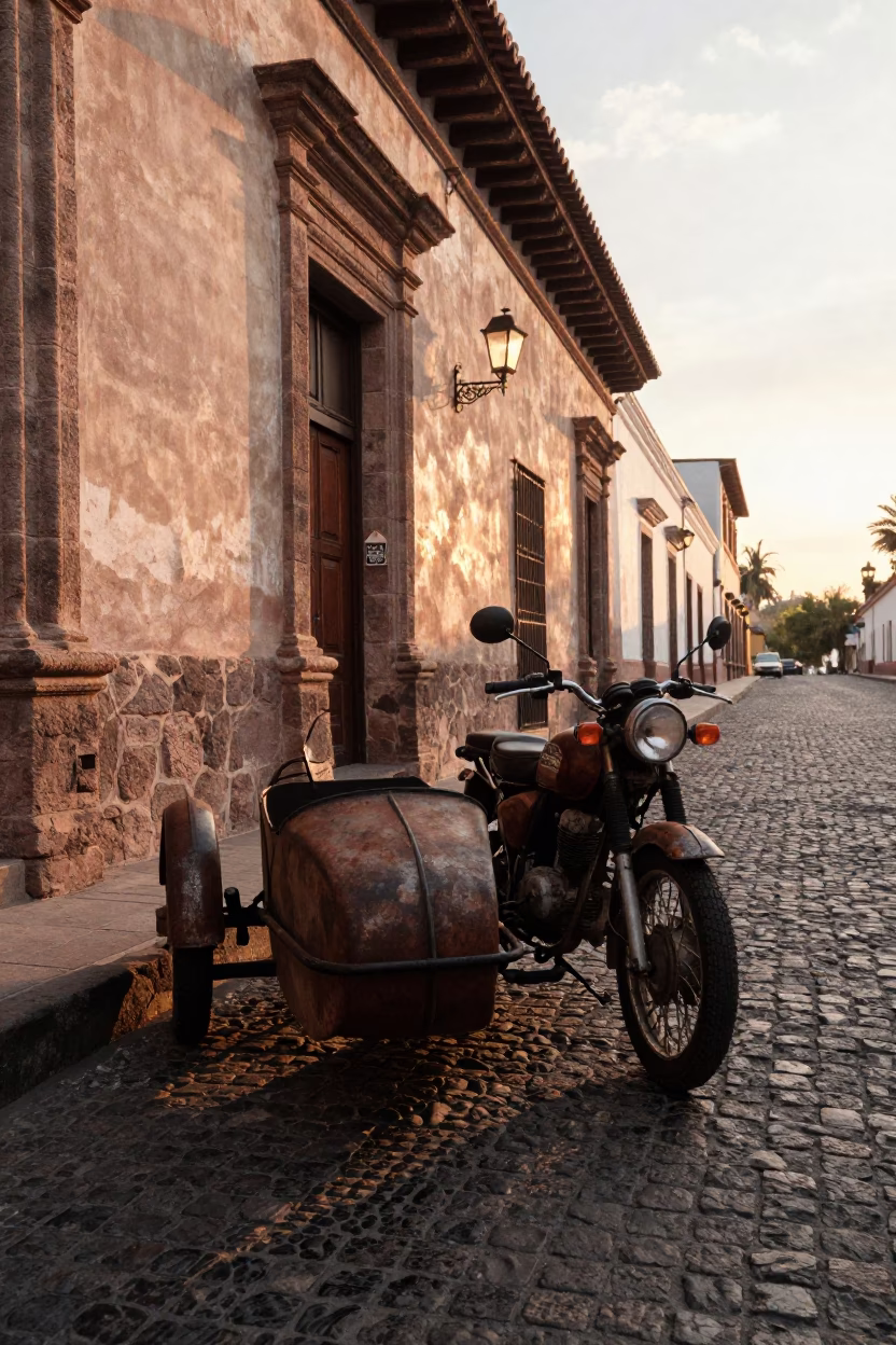 Vintage Motorcycle with Sidecar Parked on Cobblestone Street in Quito Ecuador at Golden Hour in in Quito, Ecuador