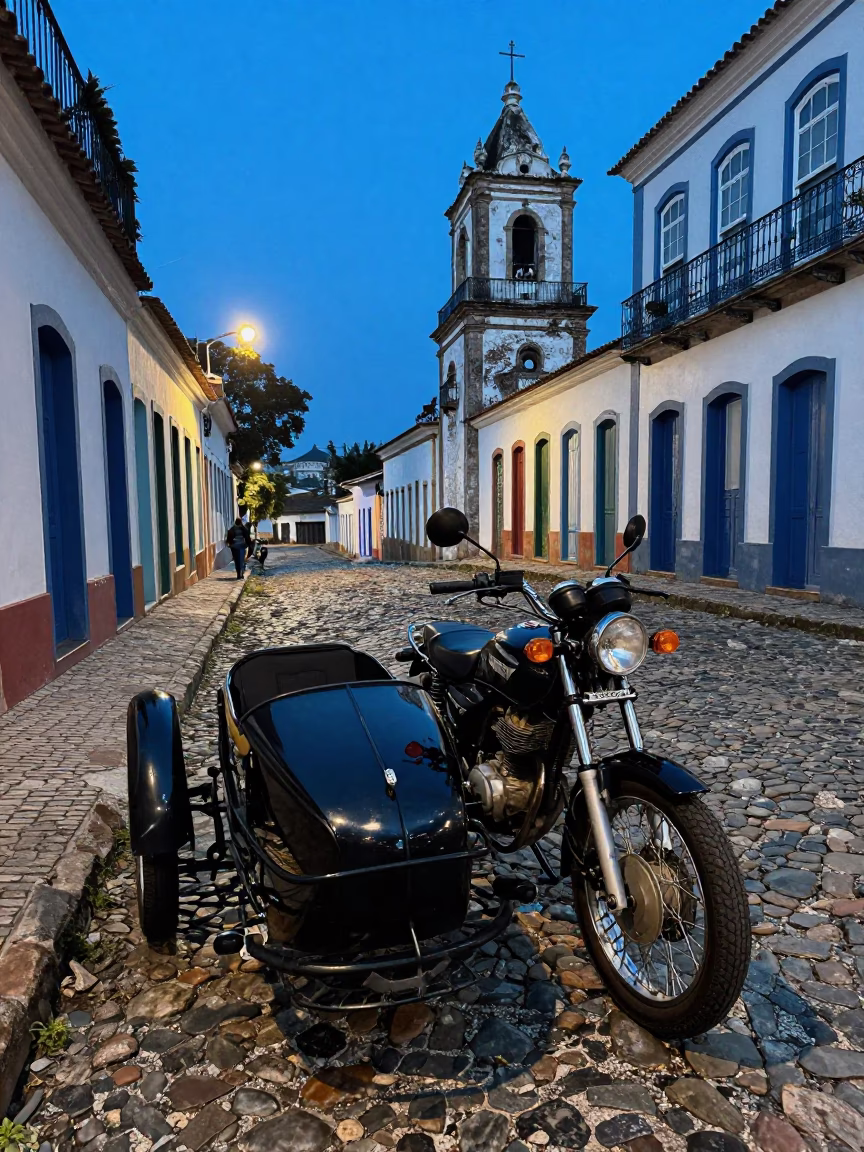Vintage Motorcycle With Sidecar Parked On Cobblestone Street In Salvador Brazil Before Dawn in in Salvador, Brazil