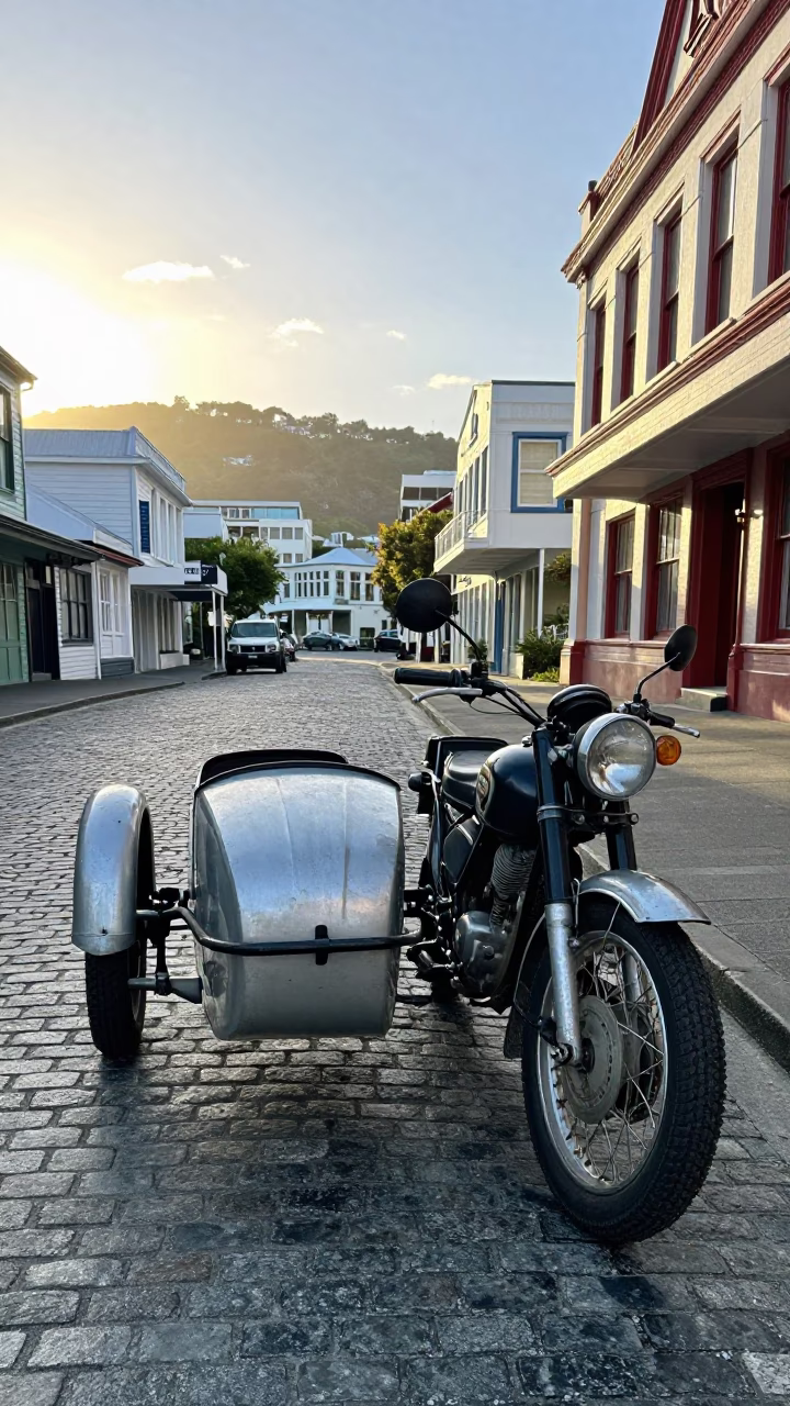 Vintage Motorcycle With Sidecar Parked On Cobblestone Street In Wellington New Zealand Late Afternoon in in Wellington, New Zealand