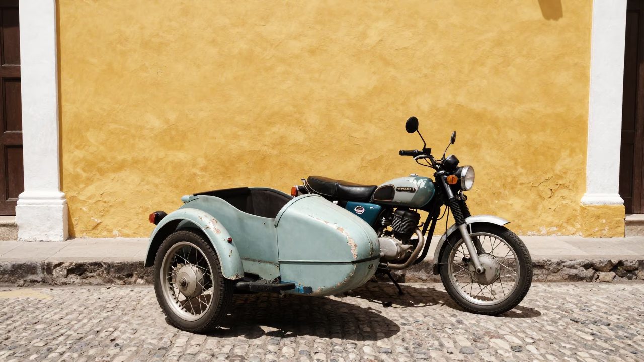 Vintage Motorcycle with Sidecar Parked on Colonial Street in Cartagena Colombia Midmorning in in Cartagena, Colombia