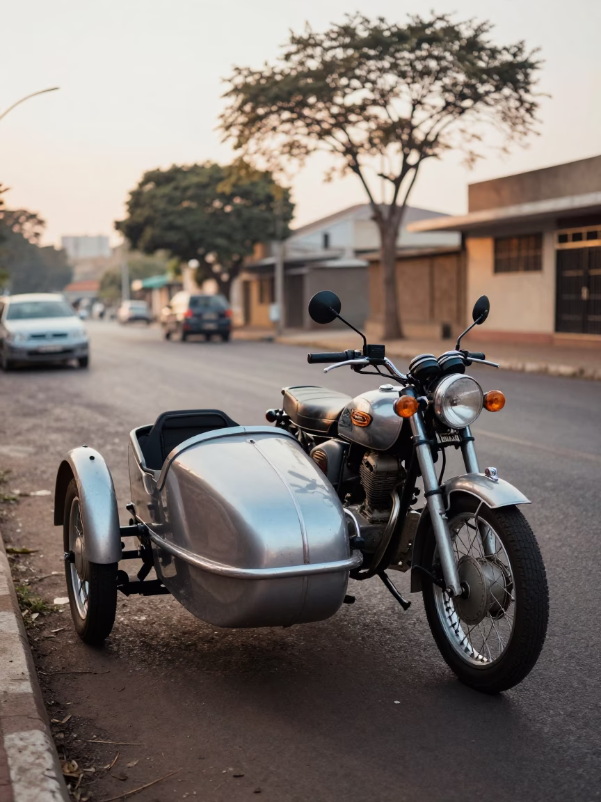 Vintage Motorcycle With Sidecar Parked On Early Morning Johannesburg Street in in Johannesburg, South Africa