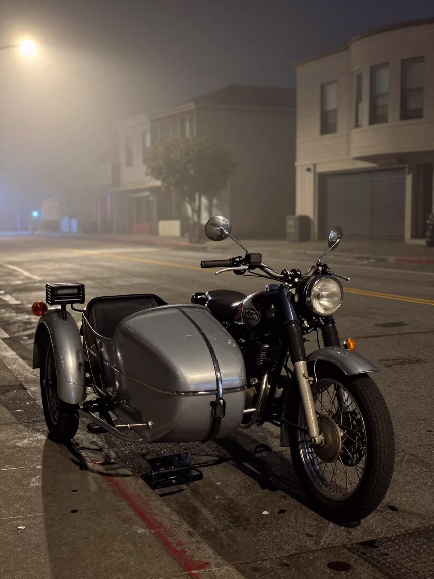 Vintage Motorcycle with Sidecar Parked on Foggy San Francisco Street at Night in in San Francisco, California, United States