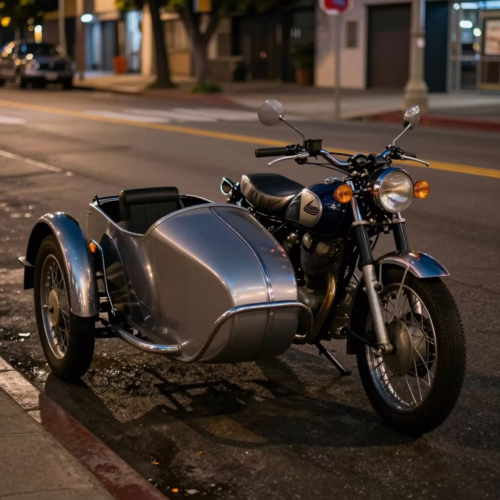 Vintage Motorcycle With Sidecar Parked On Los Angeles Street At Late Night Under Streetlights in in Los Angeles, California, United States