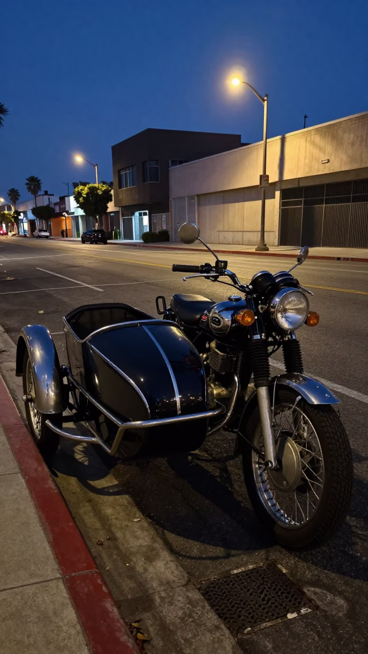 Vintage Motorcycle with Sidecar Parked on Los Angeles Street at Predawn in in Los Angeles, California, United States
