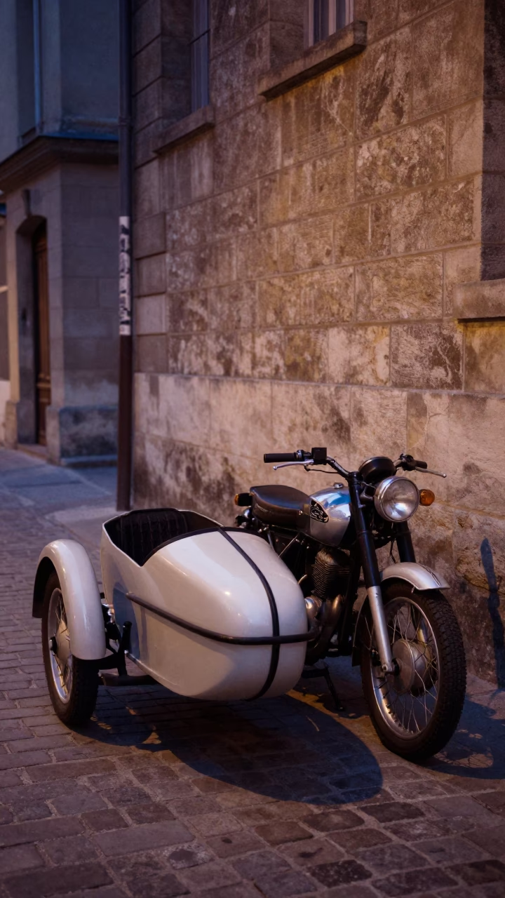 Vintage Motorcycle with Sidecar Parked on Lyon Street Before Dawn in France in in Lyon, France