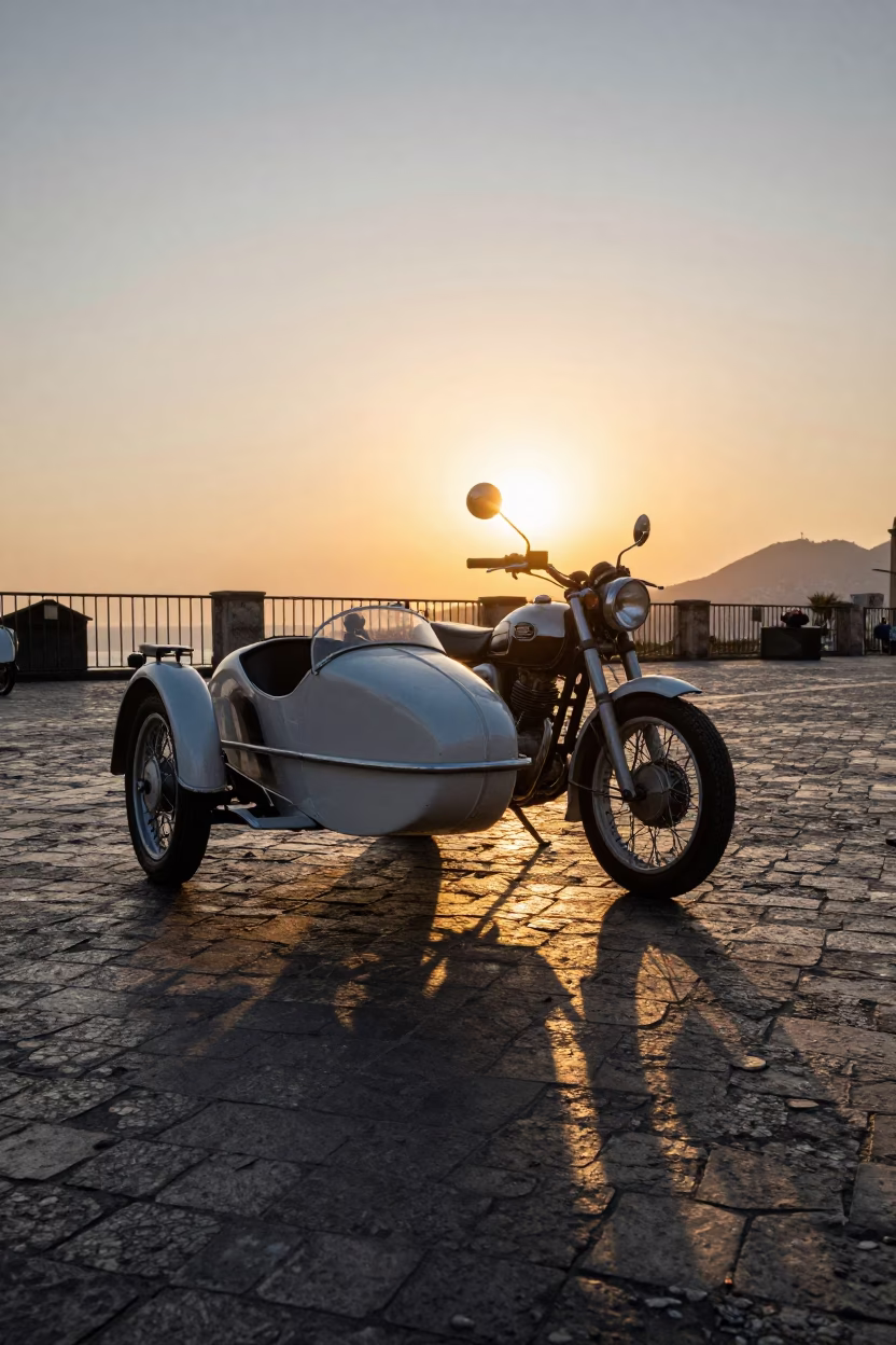 Vintage motorcycle with sidecar parked on Naples cobblestones as sun sets in in Naples, Italy
