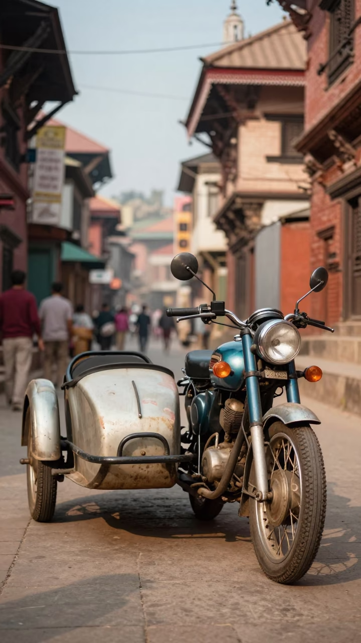 Vintage Motorcycle With Sidecar Parked On Narrow Kathmandu Street In Late Afternoon Light in in Kathmandu, Nepal