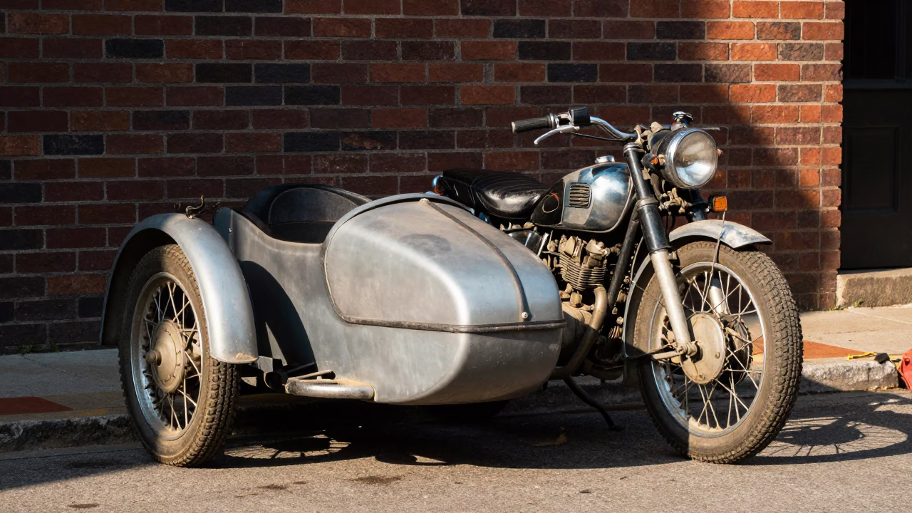 Vintage Motorcycle with Sidecar Parked on Nashville Street in Early Afternoon Sunlight in in Nashville, Tennessee, United States