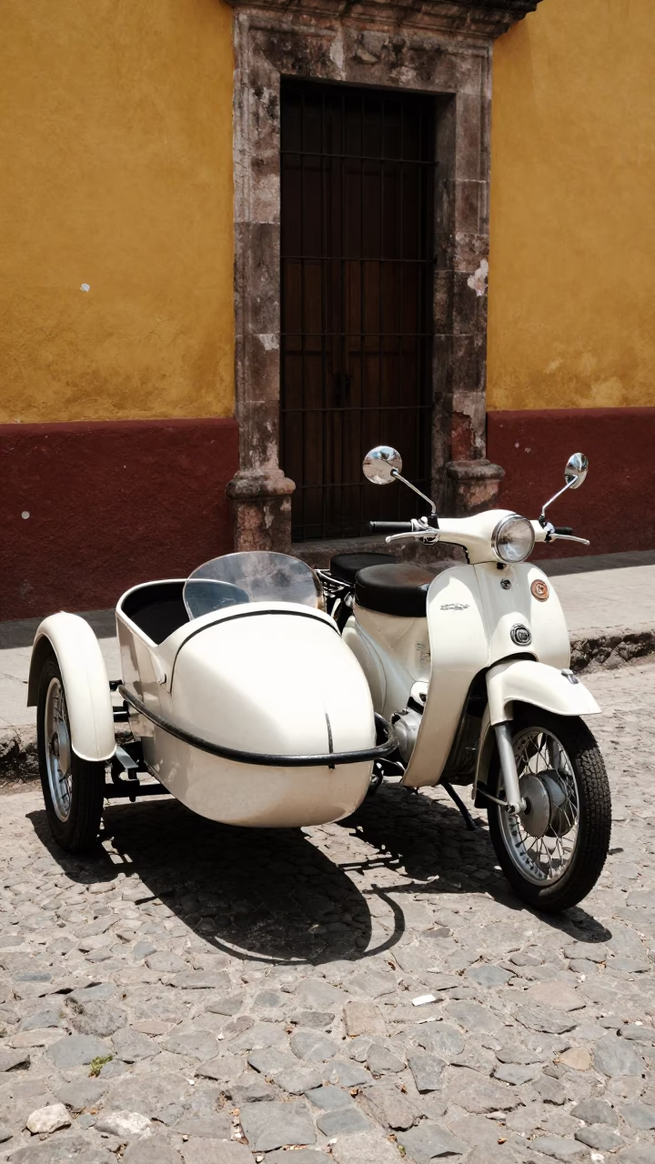 Vintage Motorcycle with Sidecar Parked on Oaxaca Cobblestone Street Under Noon Sun in in Oaxaca, Mexico