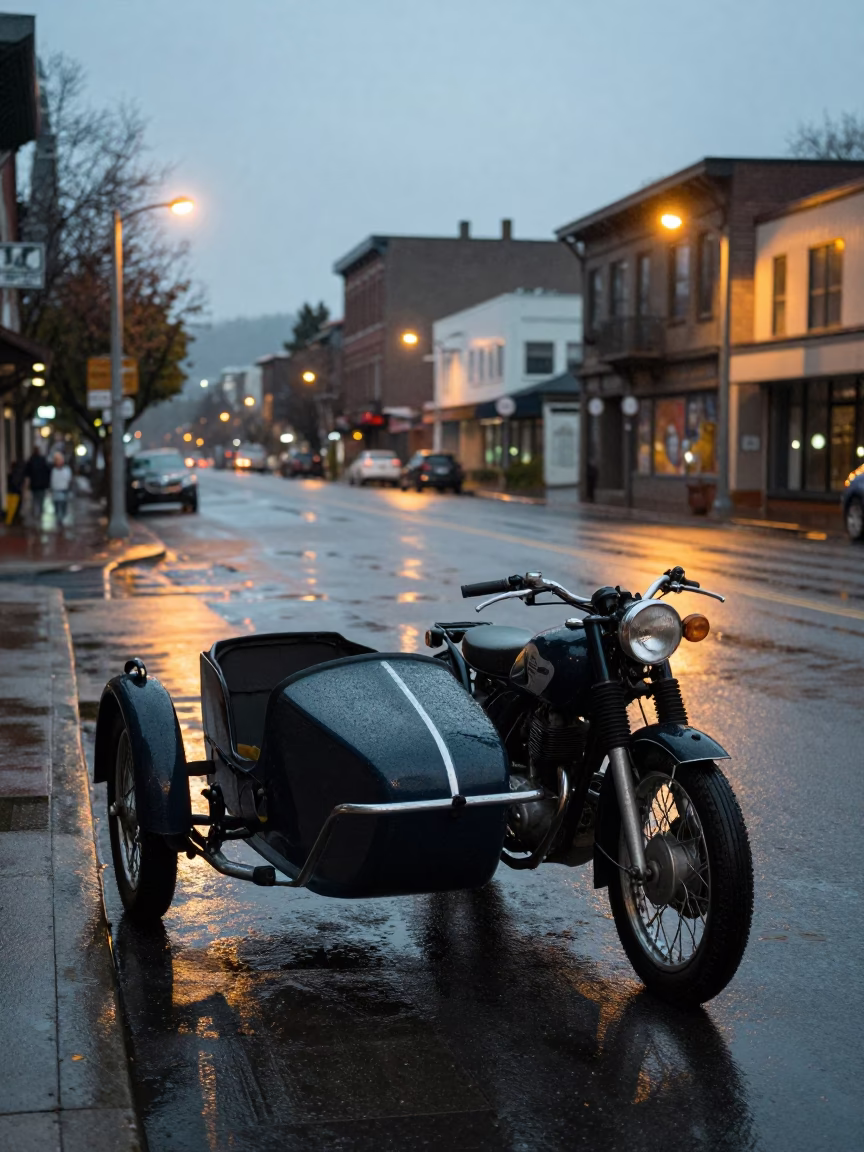 Vintage Motorcycle with Sidecar Parked on Rain-Slicked Portland Street Before Dawn in in Portland, Oregon, United States