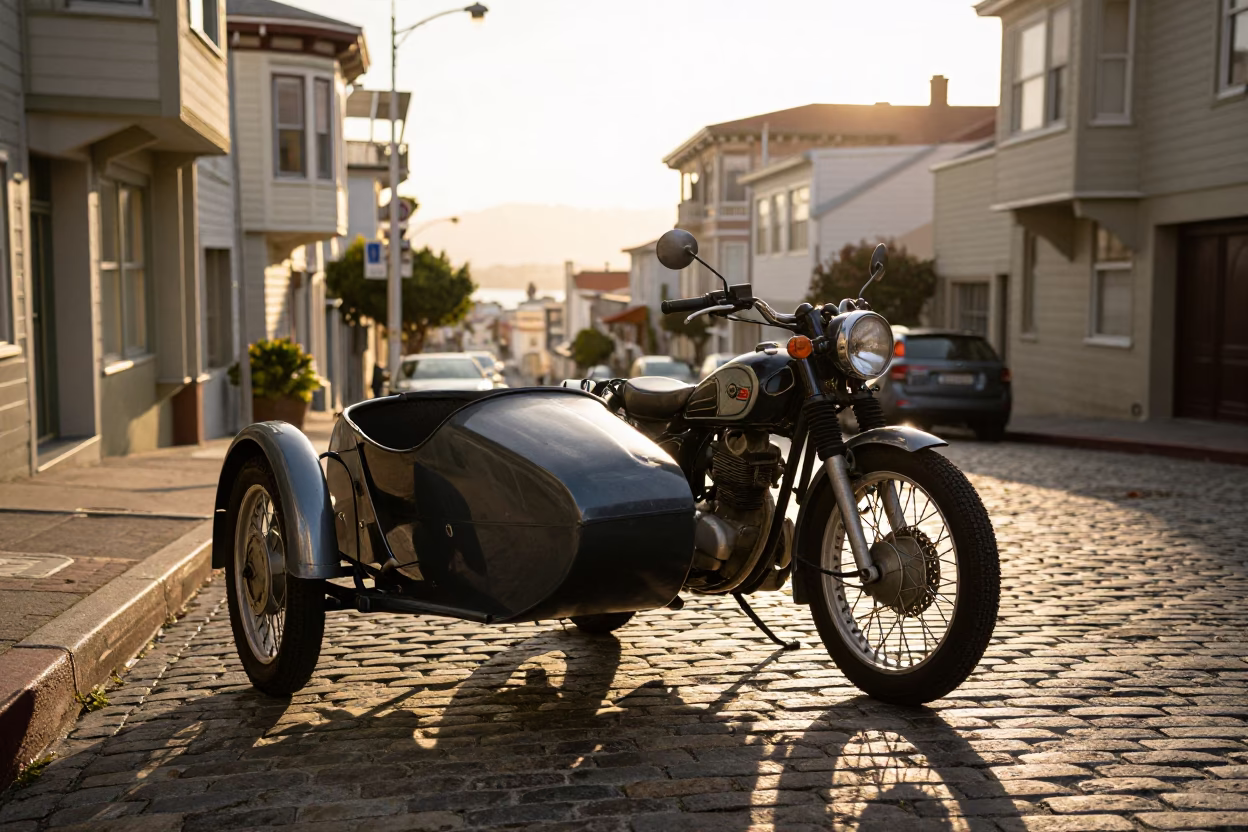 Vintage Motorcycle With Sidecar Parked On San Francisco Cobblestone Street At Sunset in in San Francisco, California, United States