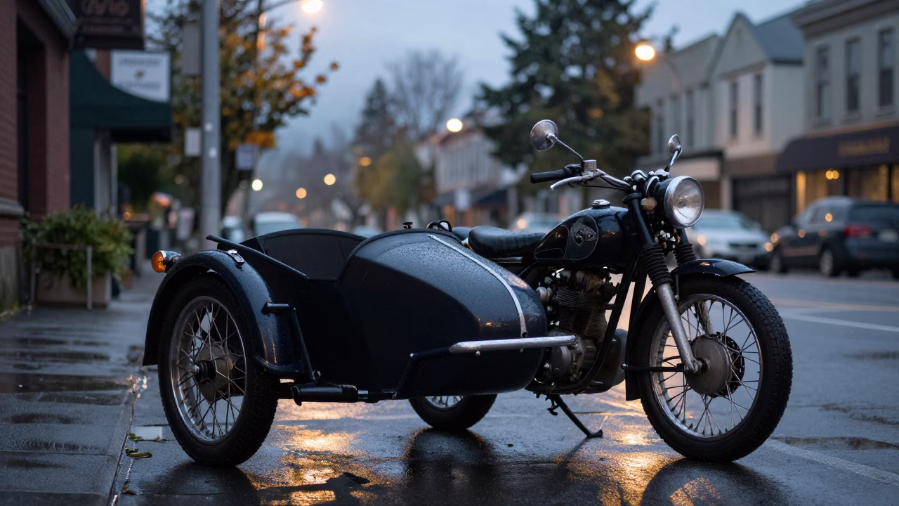 Vintage Motorcycle With Sidecar Parked On Seattle Street Before Dawn in in Seattle, Washington, United States